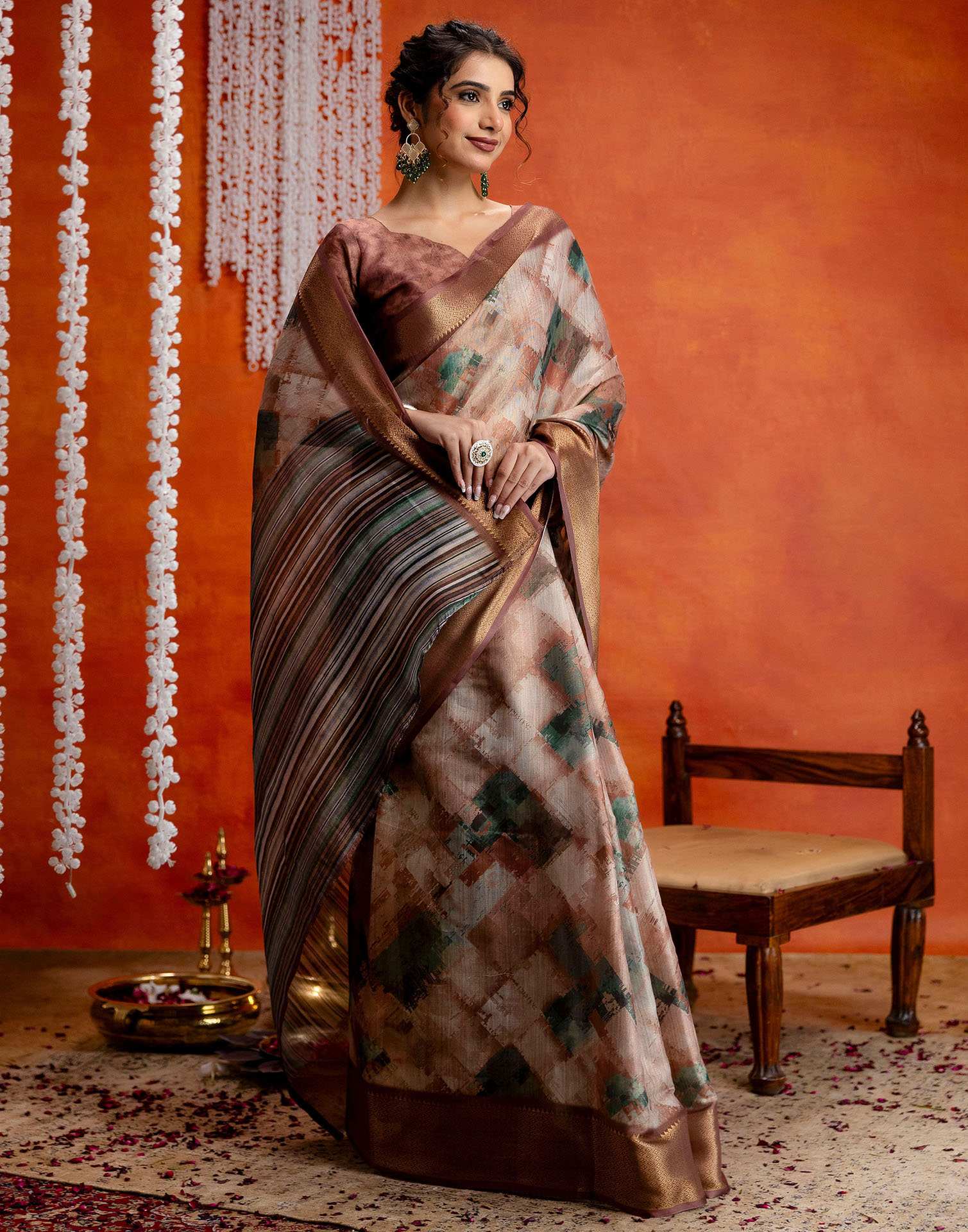 Brown Cotton Printed Woven Saree