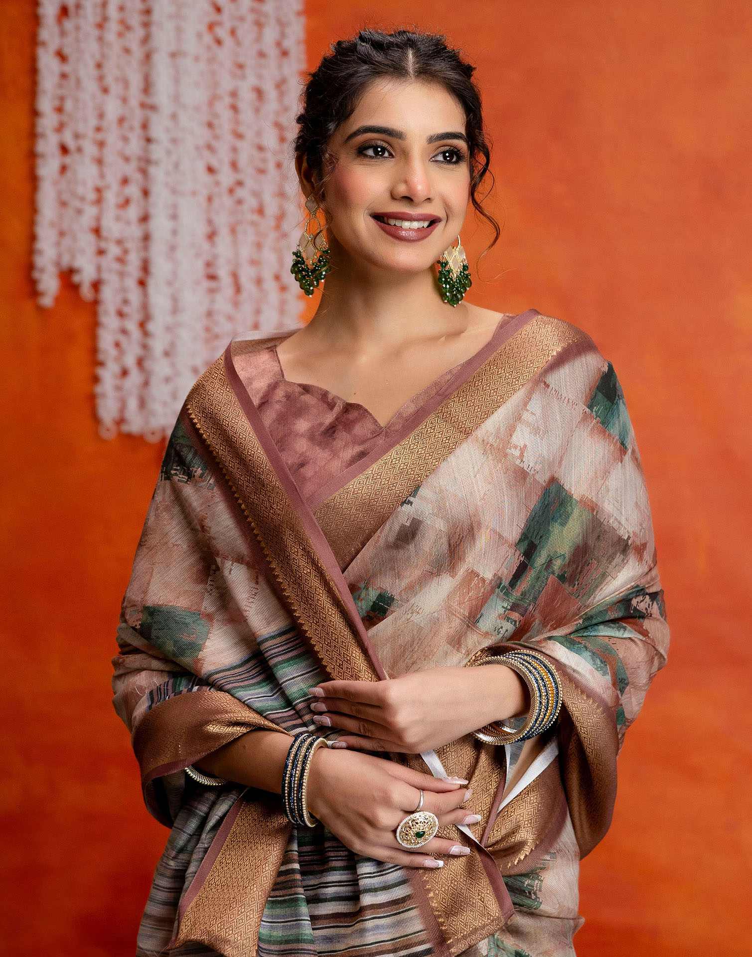Brown Cotton Printed Woven Saree
