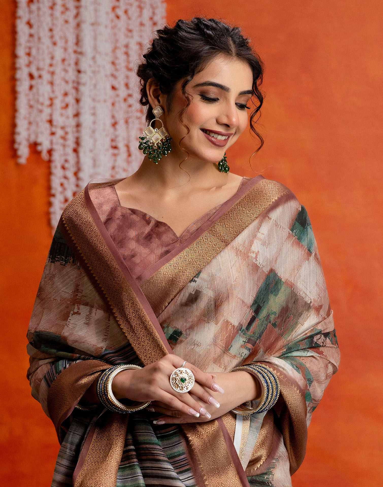 Brown Cotton Printed Woven Saree