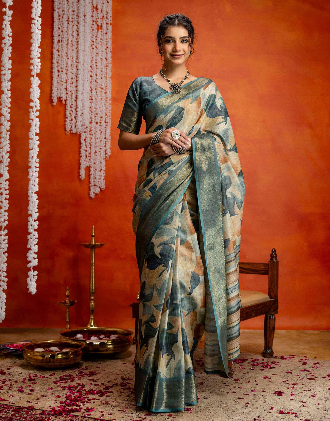 Blue Cotton Printed Woven Saree