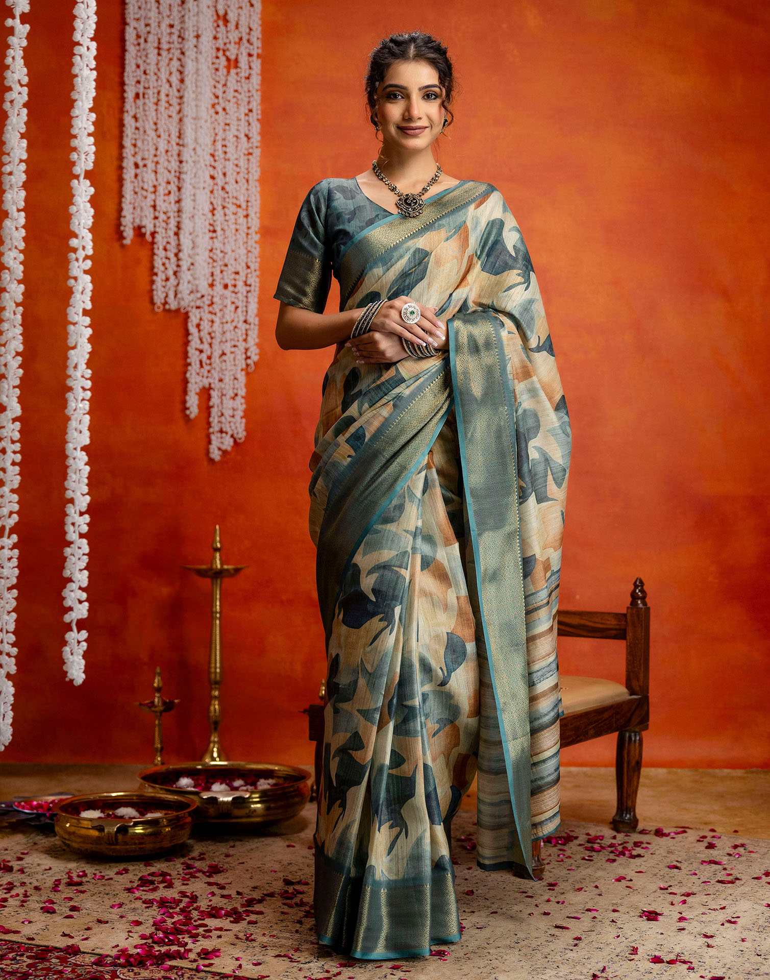 Blue Cotton Printed Woven Saree