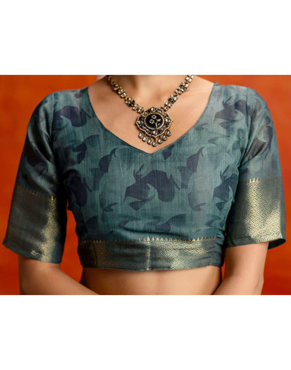 Blue Cotton Printed Woven Saree