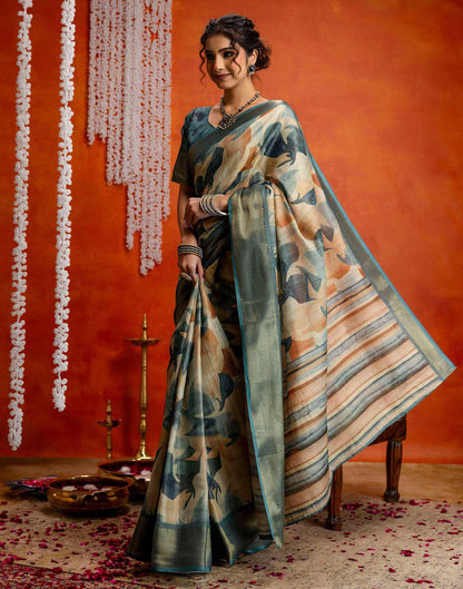 Blue Cotton Printed Woven Saree