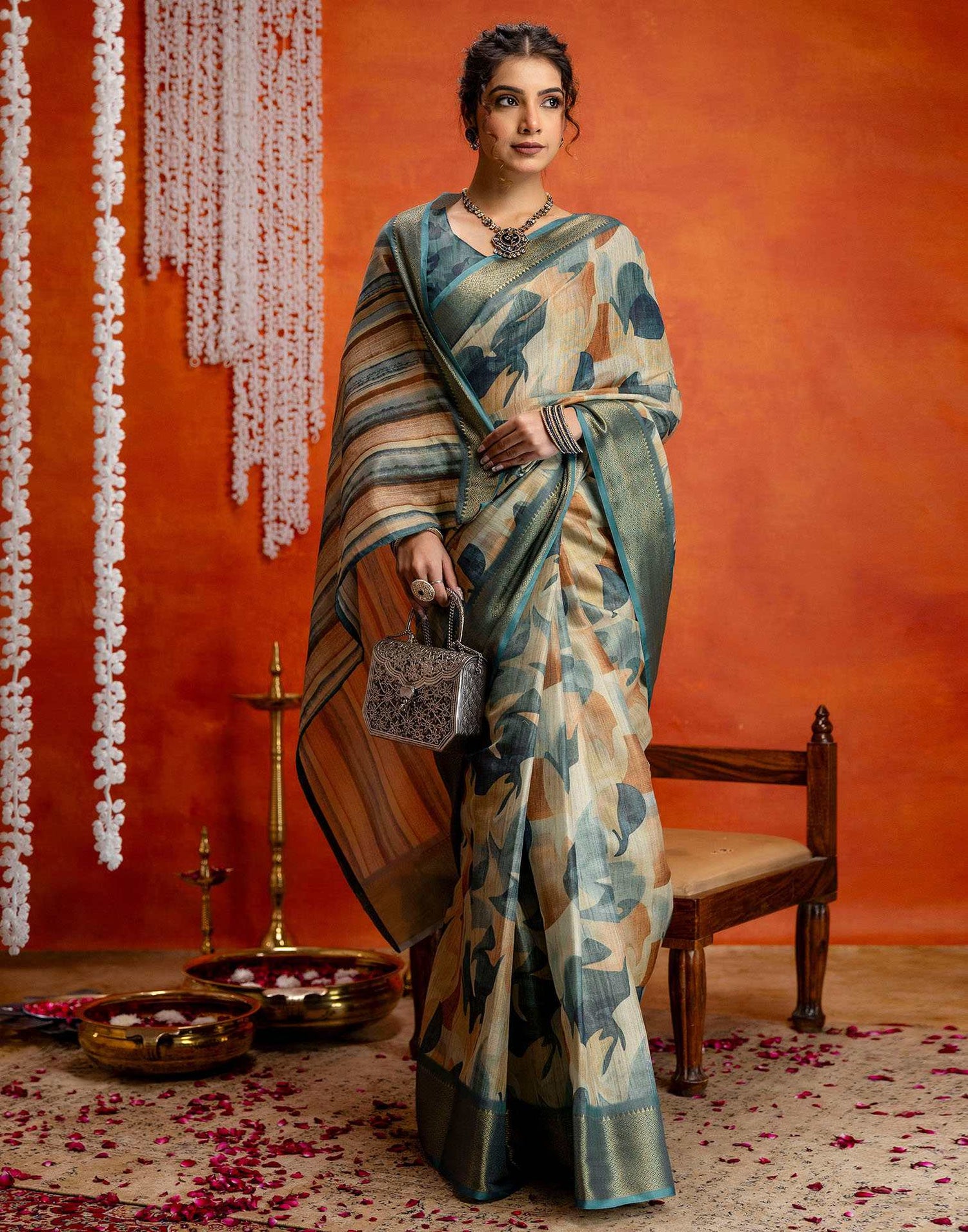 Blue Cotton Printed Woven Saree