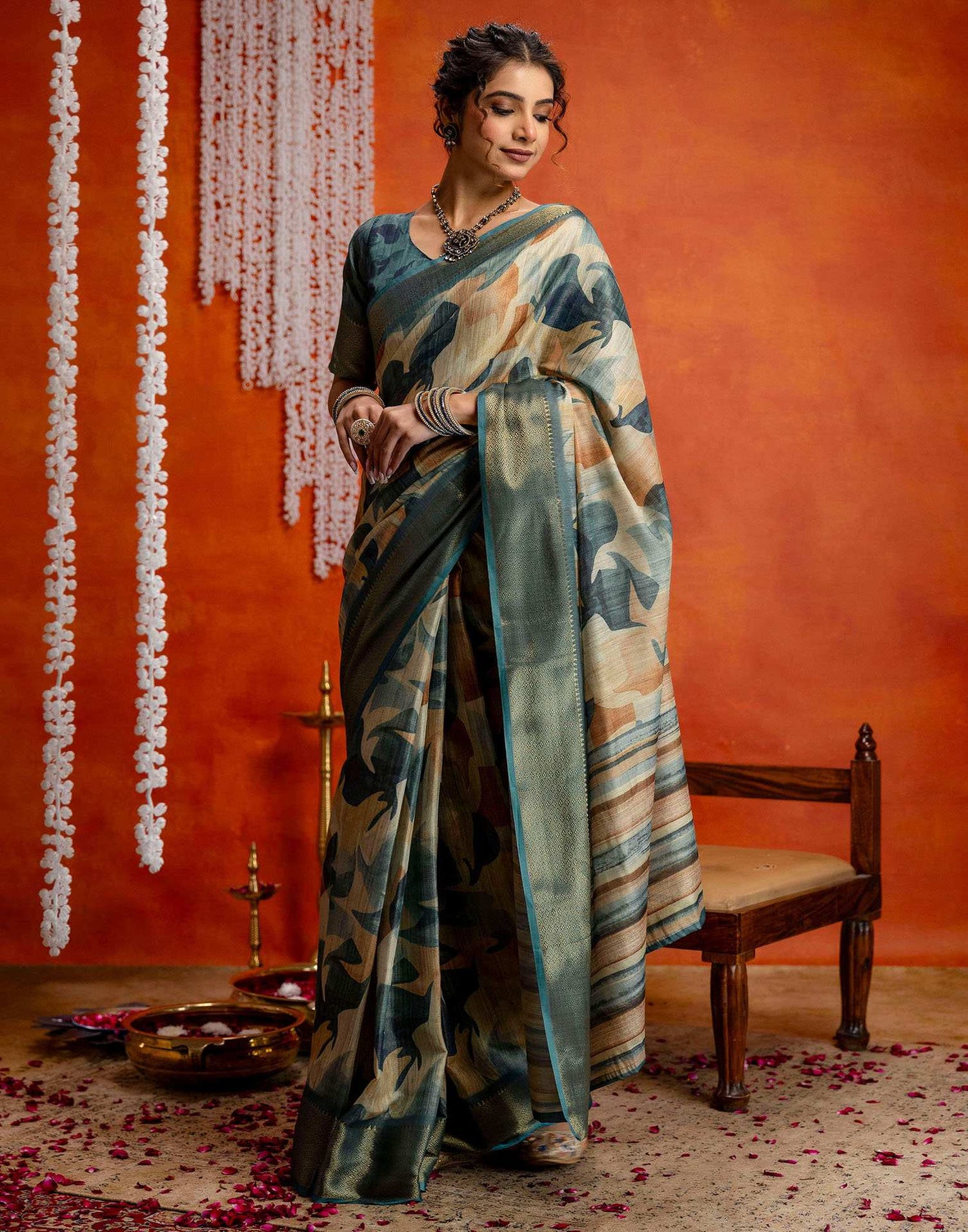Blue Cotton Printed Woven Saree