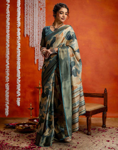 Blue Cotton Printed Woven Saree
