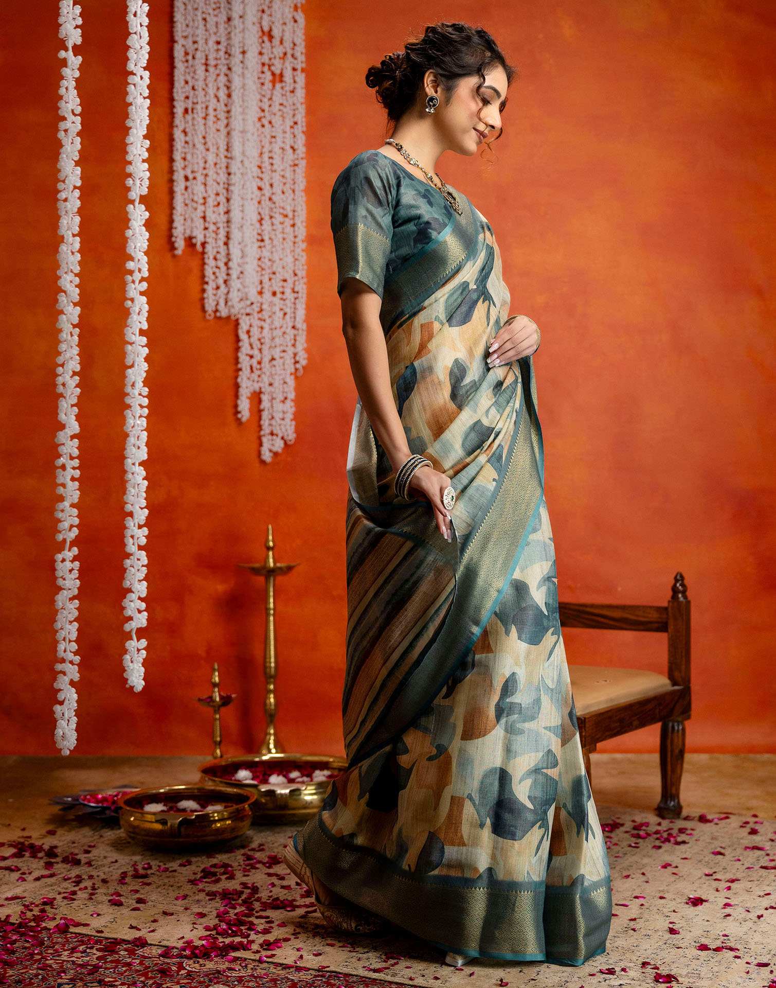 Blue Cotton Printed Woven Saree