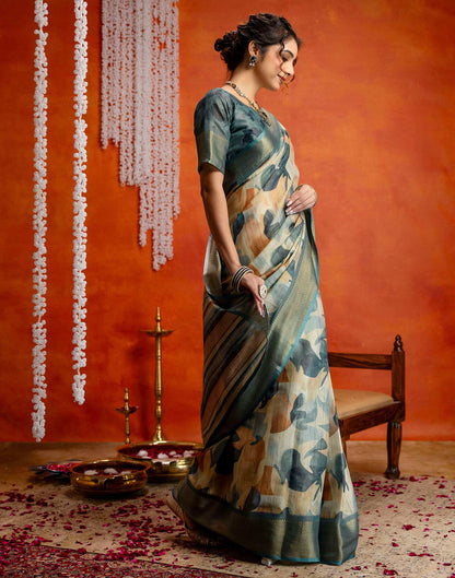 Blue Cotton Printed Woven Saree