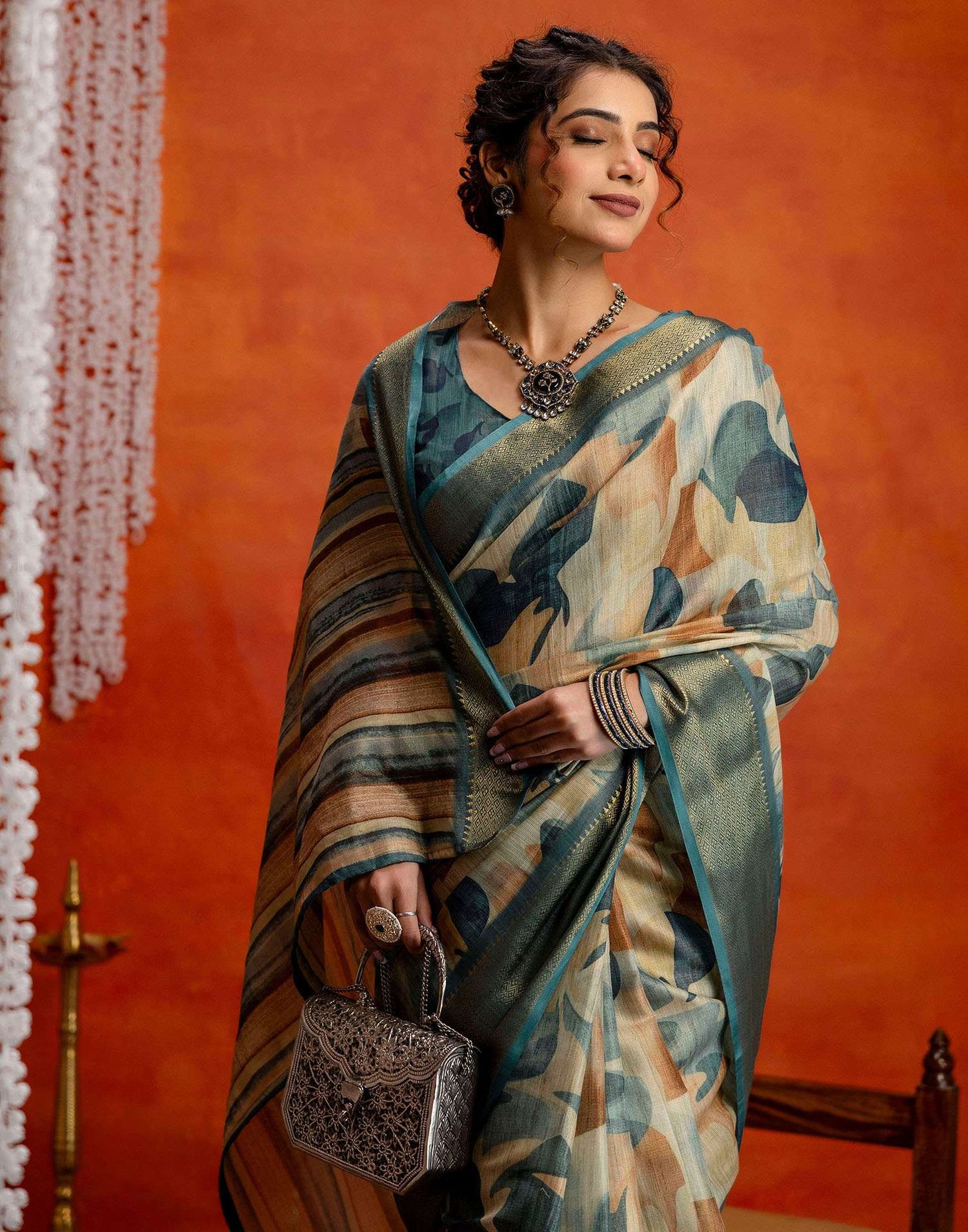 Blue Cotton Printed Woven Saree