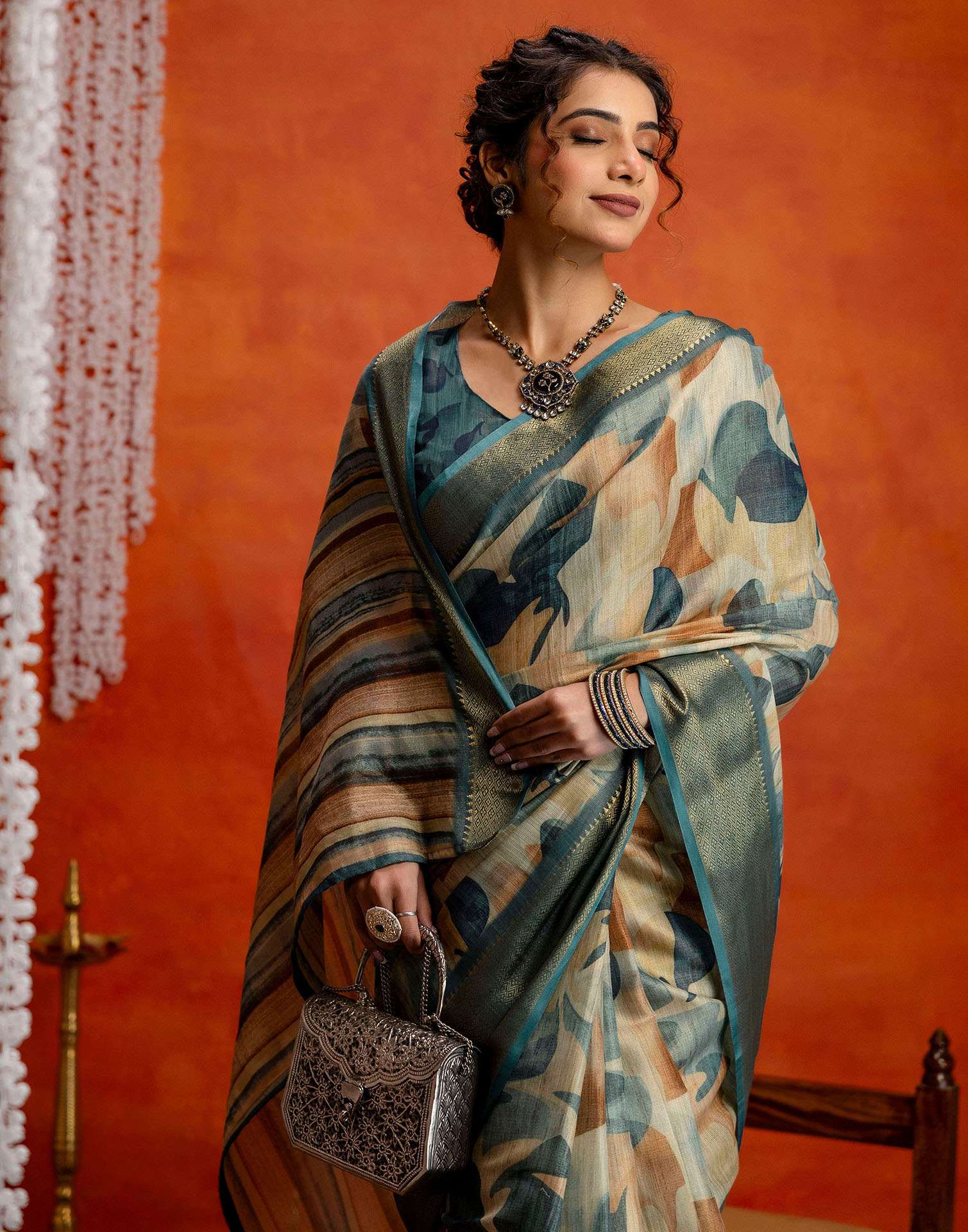 Blue Cotton Printed Woven Saree