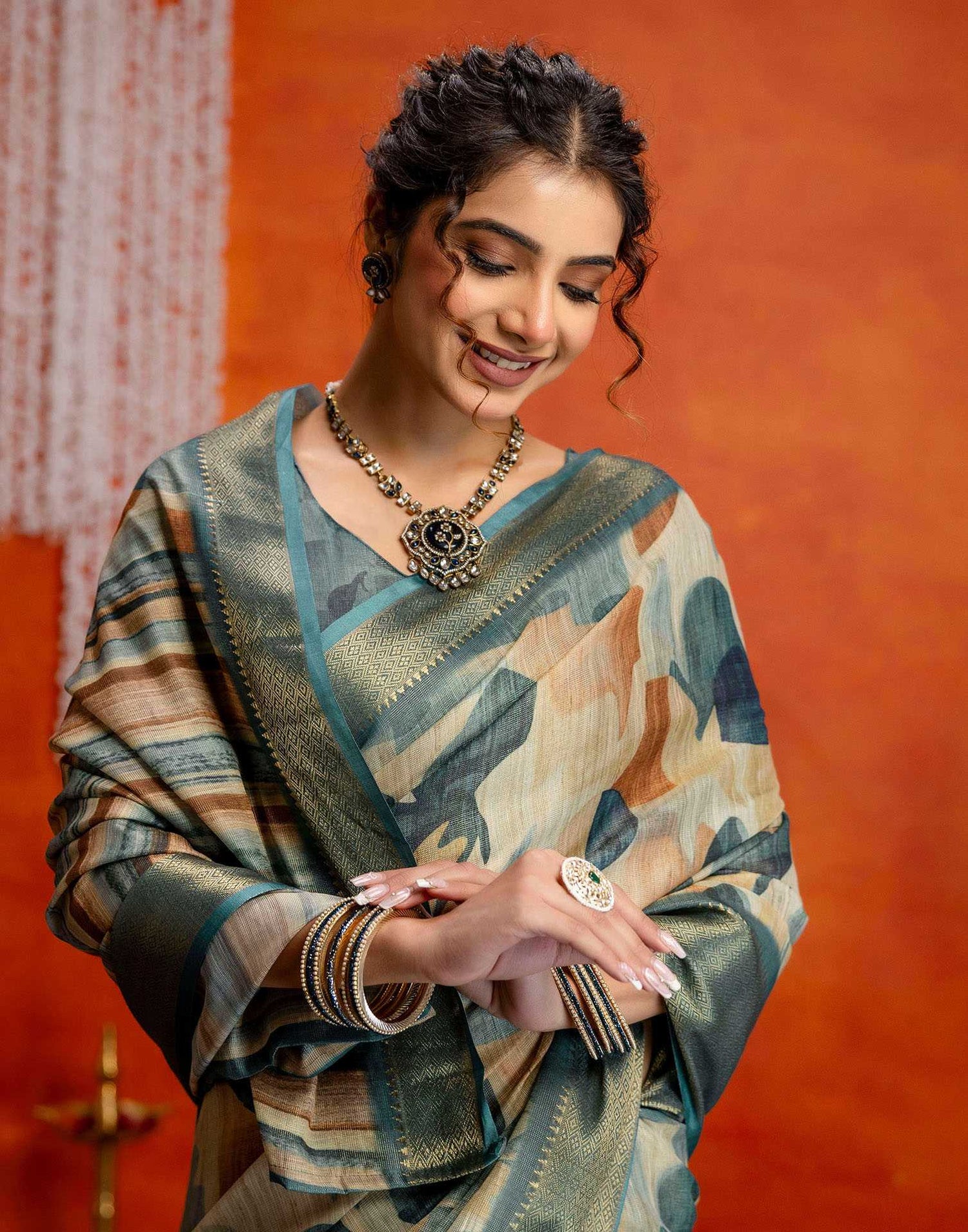 Blue Cotton Printed Woven Saree