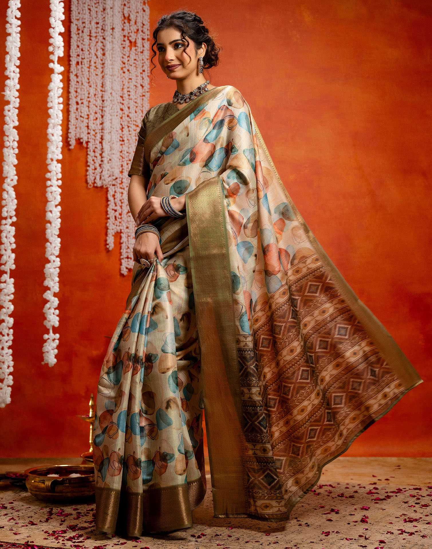 Beige Cotton Printed Woven Saree