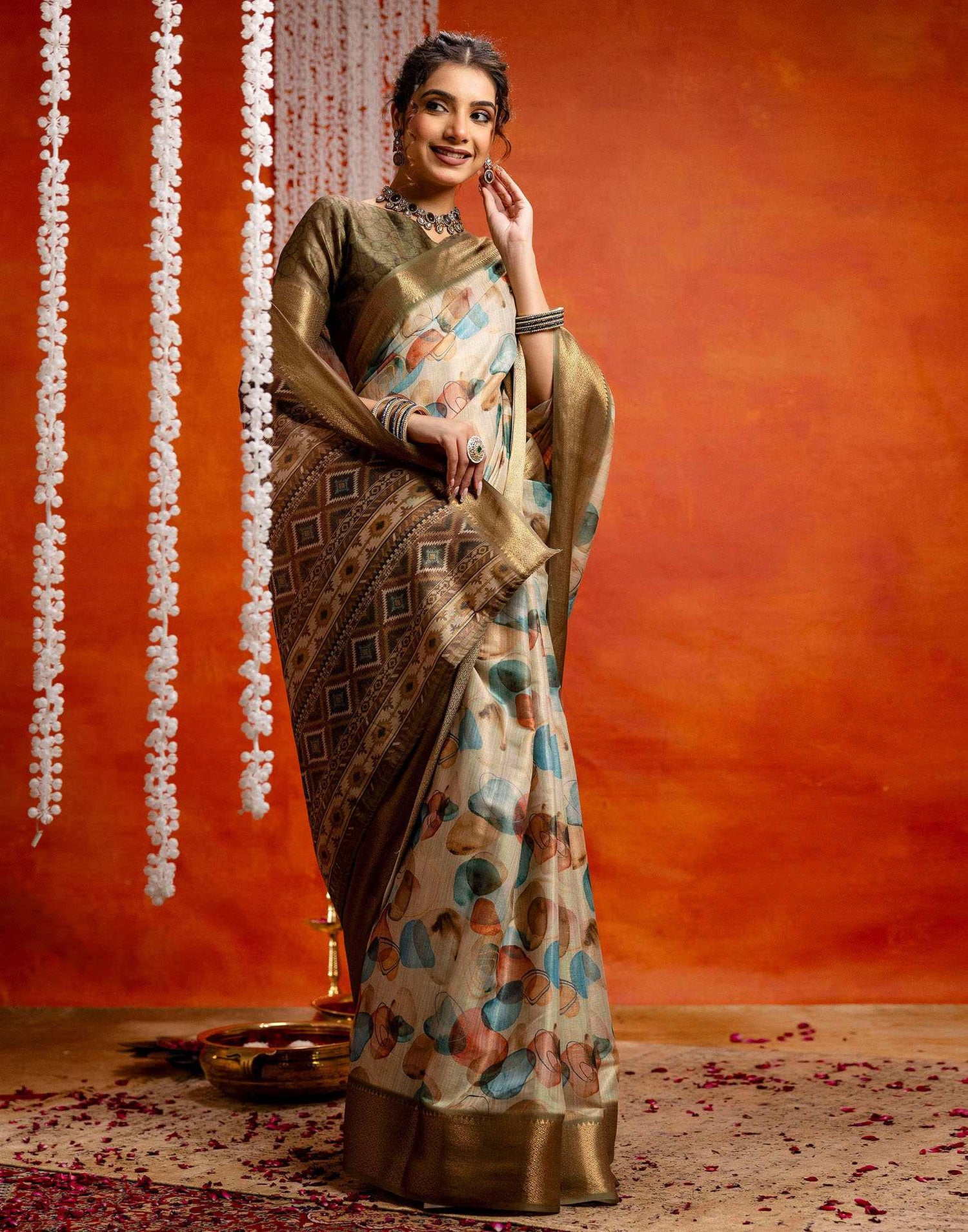 Beige Cotton Printed Woven Saree