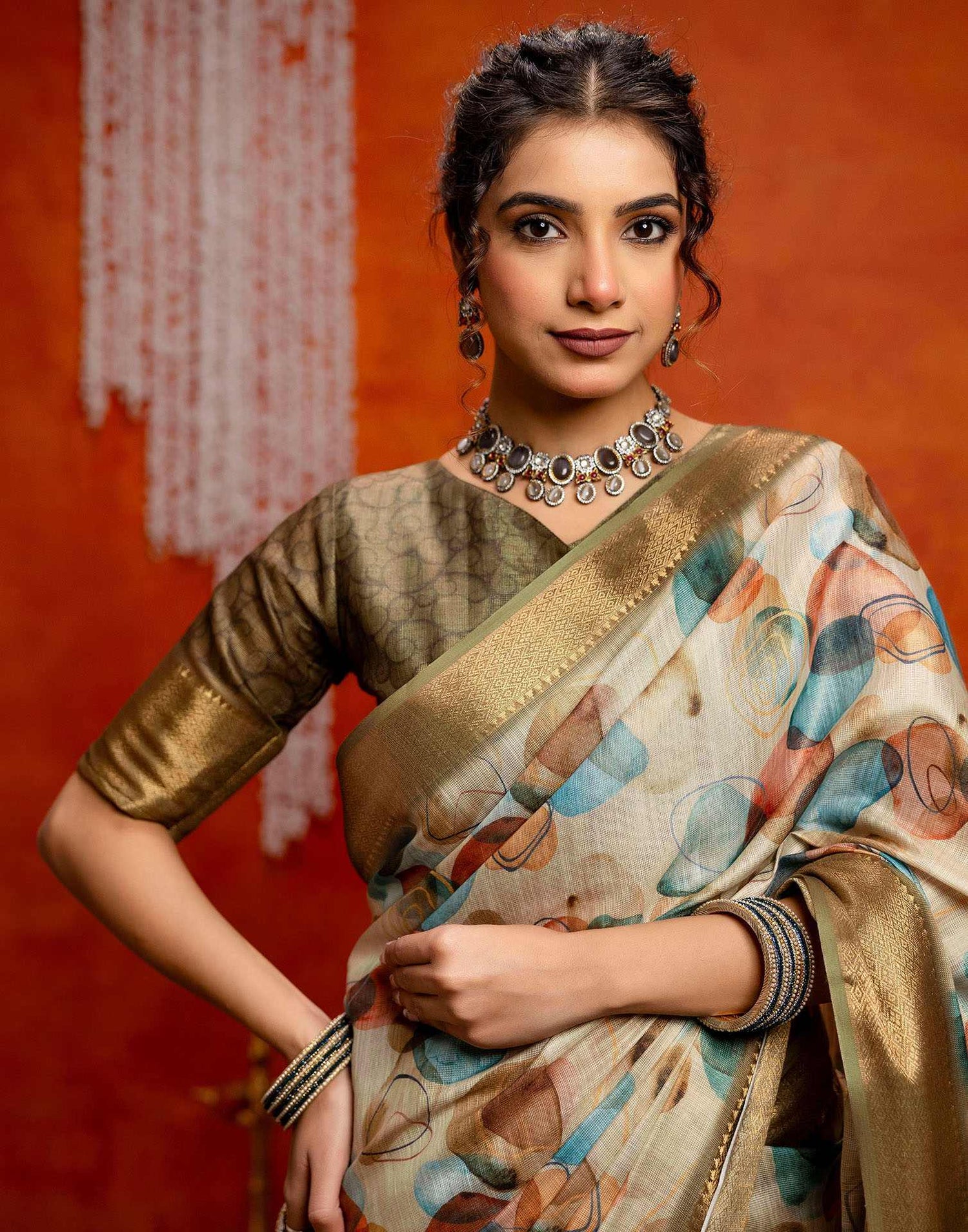 Beige Cotton Printed Woven Saree