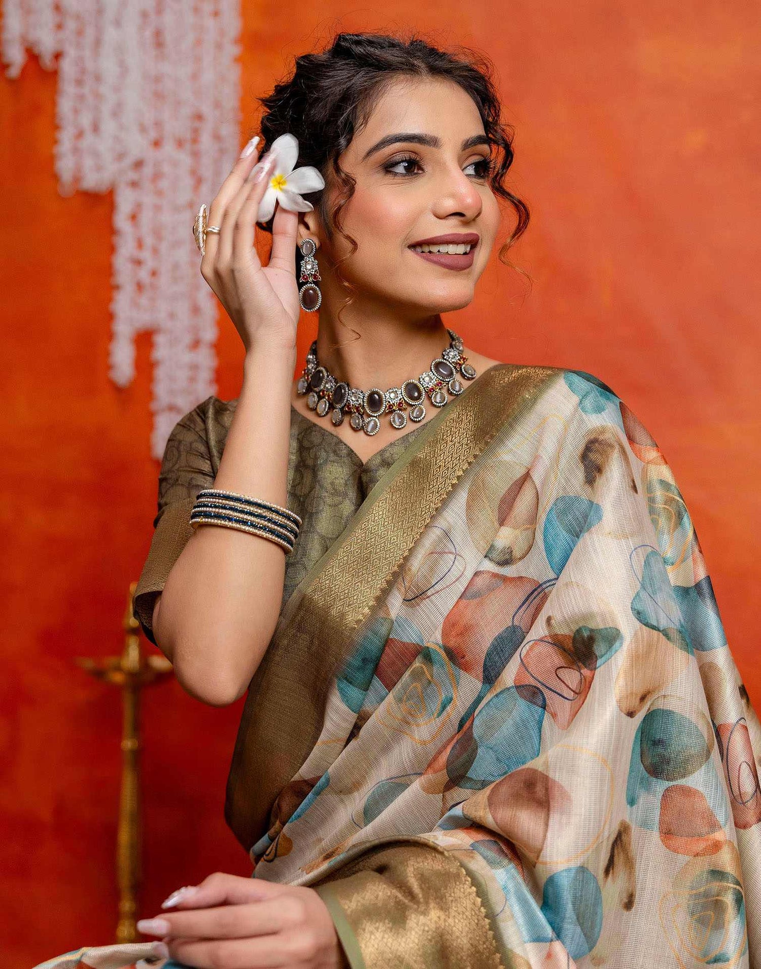 Beige Cotton Printed Woven Saree