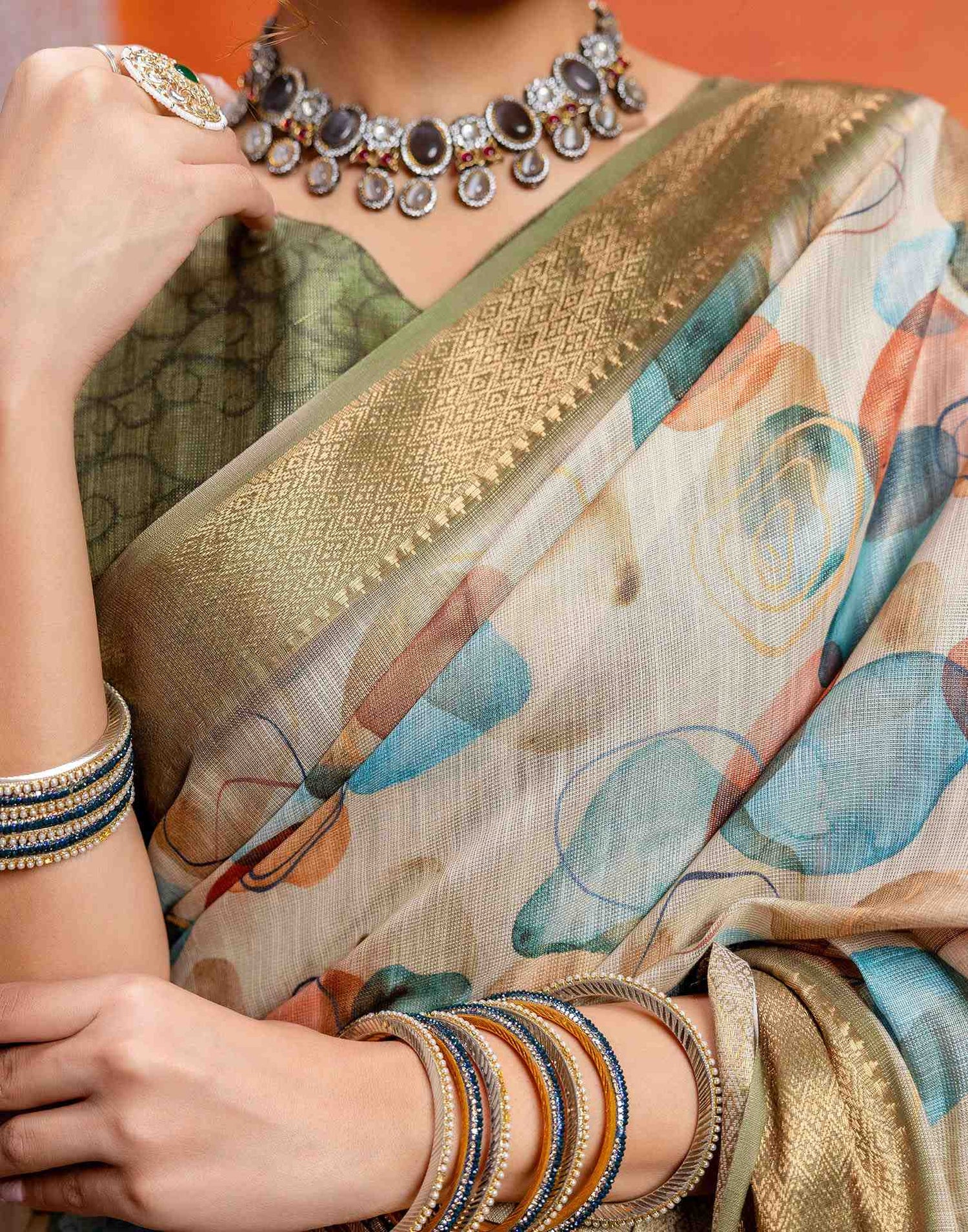 Beige Cotton Printed Woven Saree