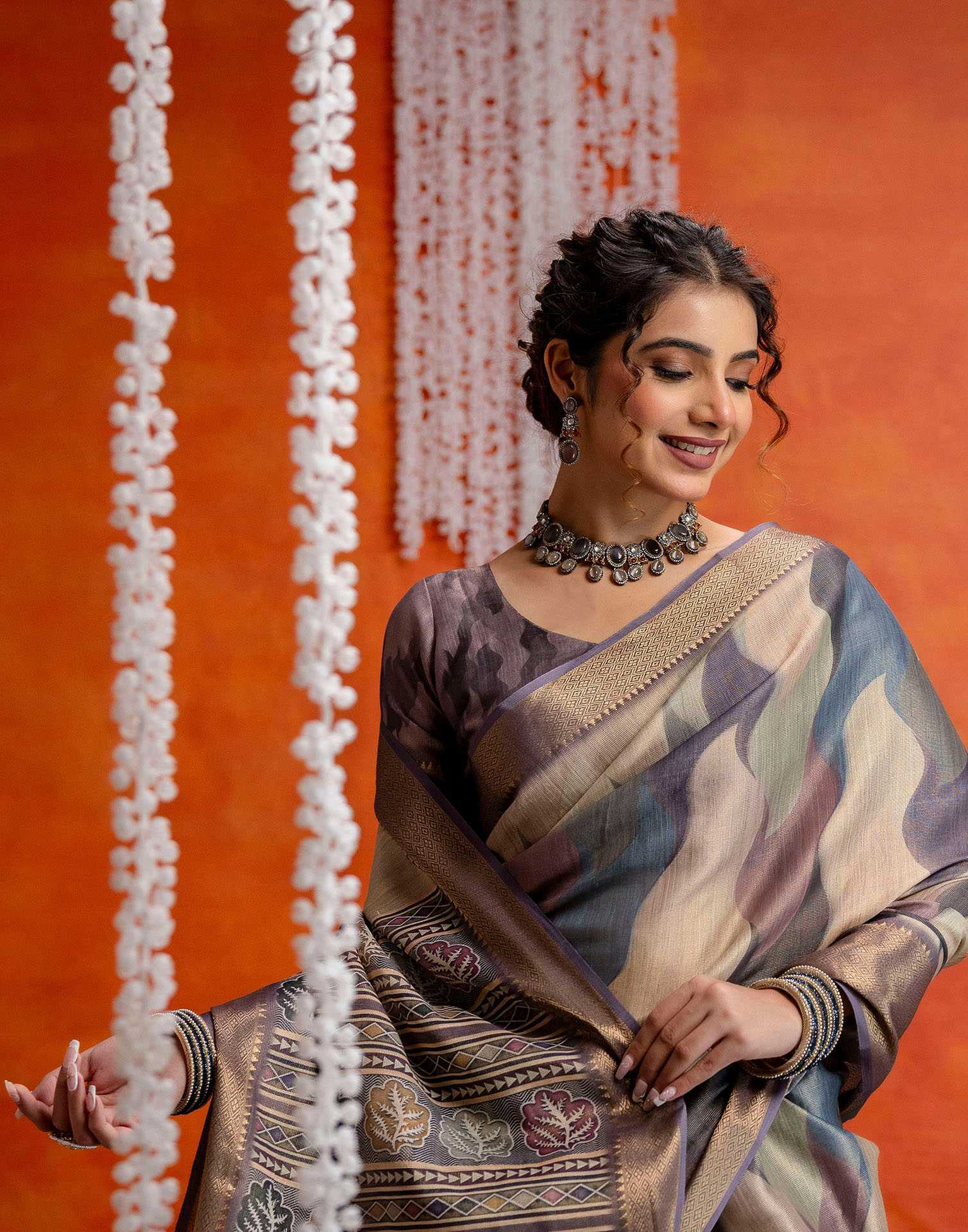 Mauve Cotton Printed Woven Saree