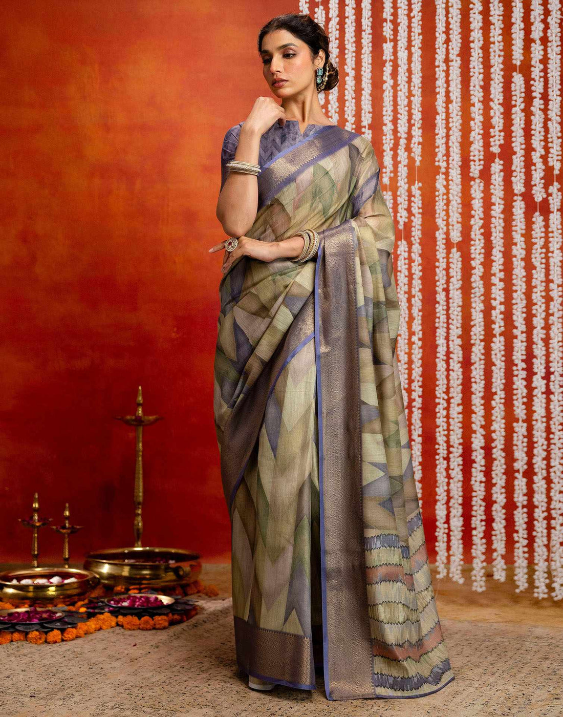 Pista Green Cotton Printed Woven Saree