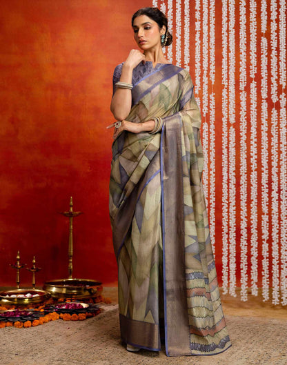 Pista Green Cotton Printed Woven Saree