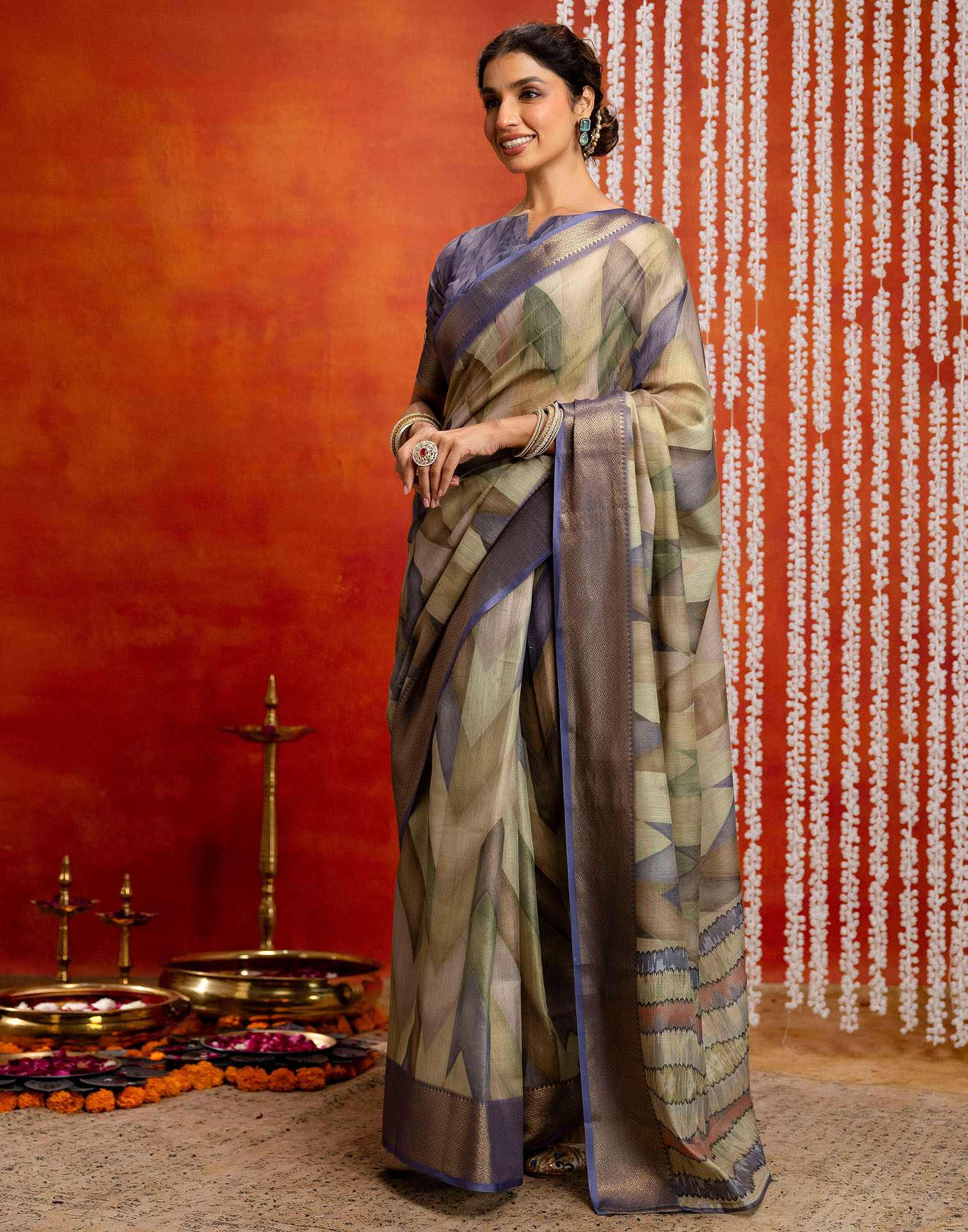 Pista Green Cotton Printed Woven Saree