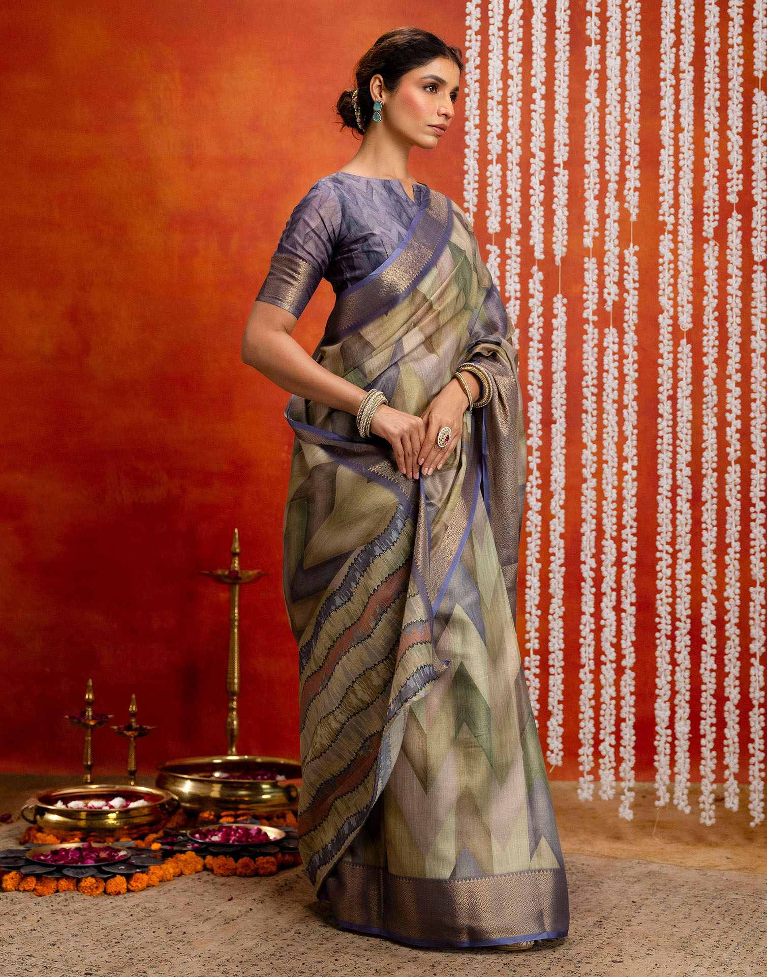 Pista Green Cotton Printed Woven Saree