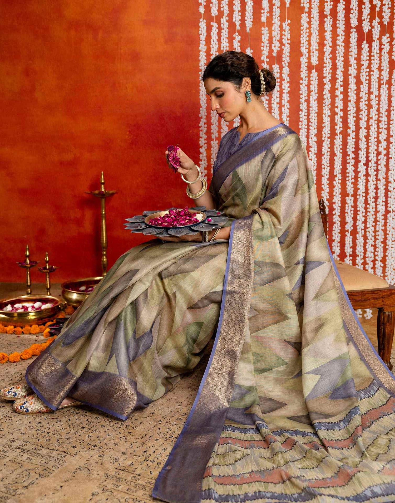 Pista Green Cotton Printed Woven Saree