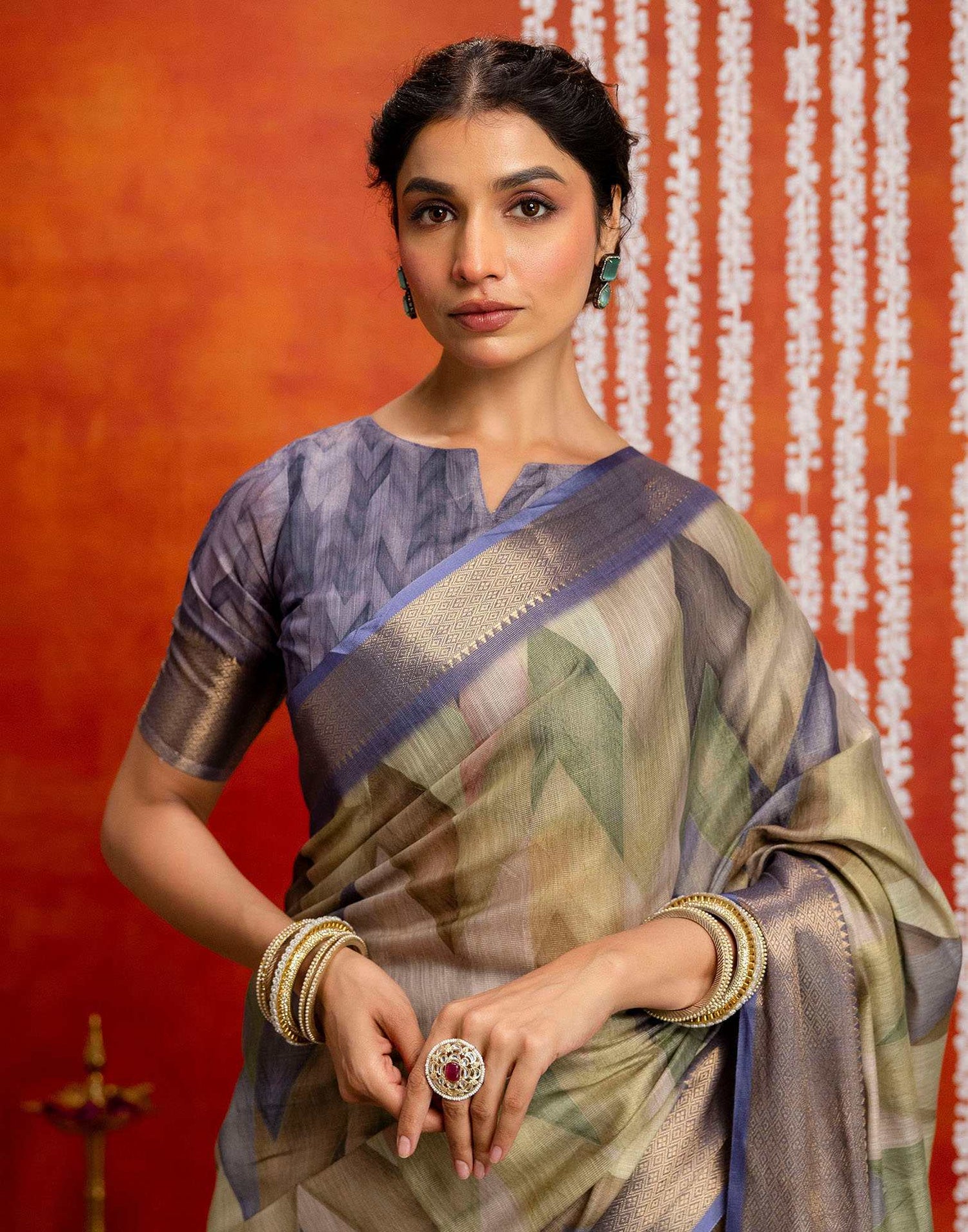 Pista Green Cotton Printed Woven Saree