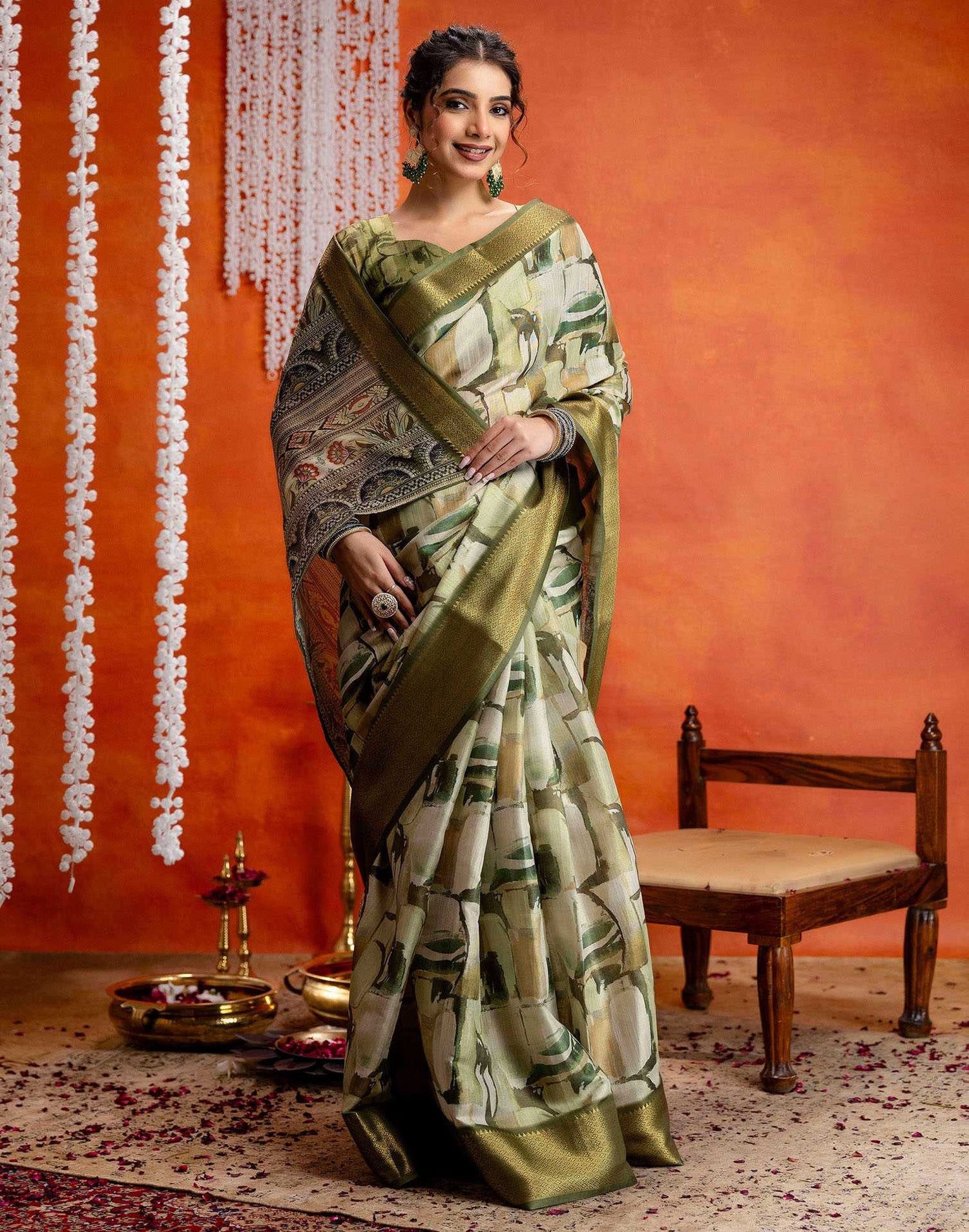 Beige Cotton Printed Woven Saree