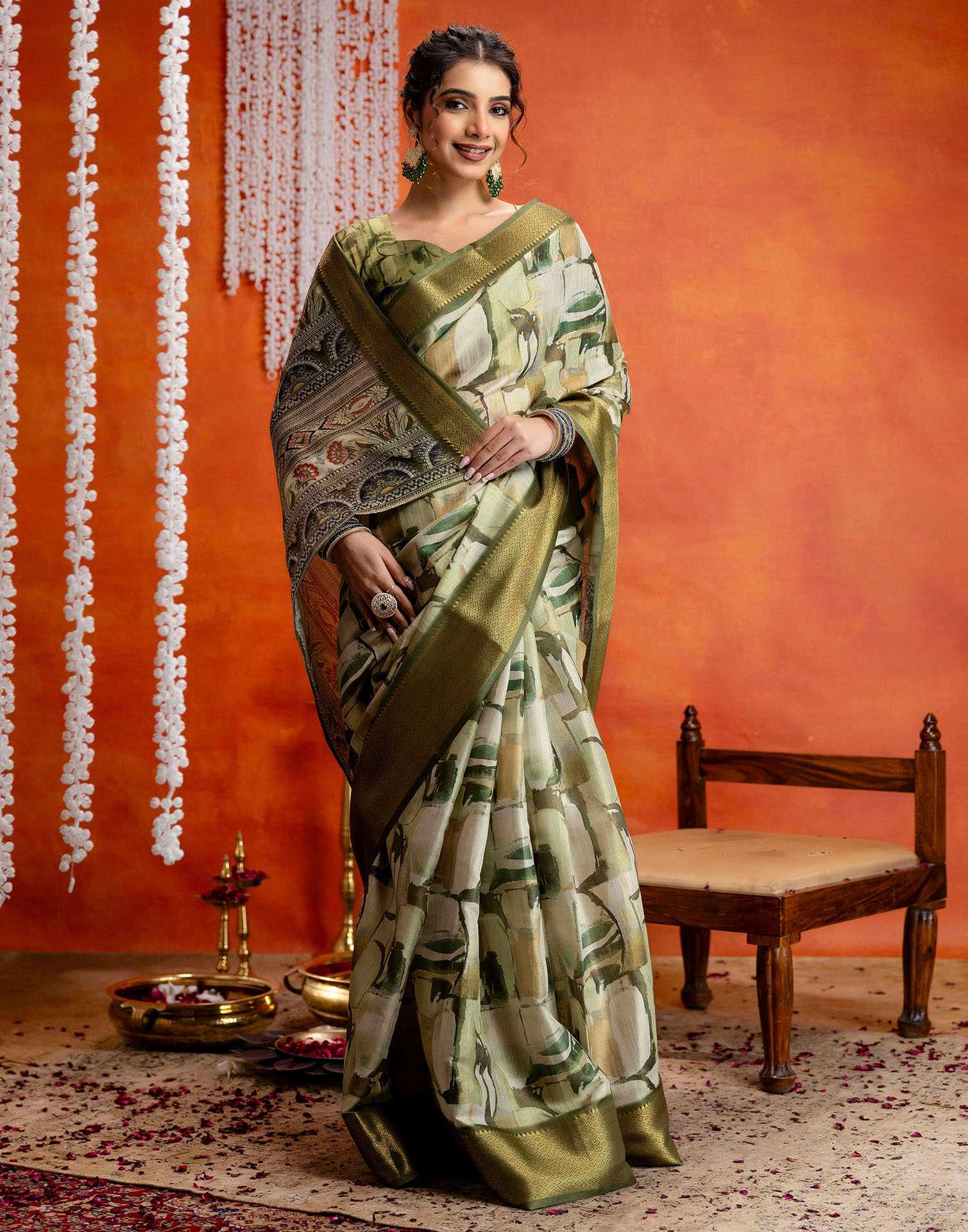 Beige Cotton Printed Woven Saree