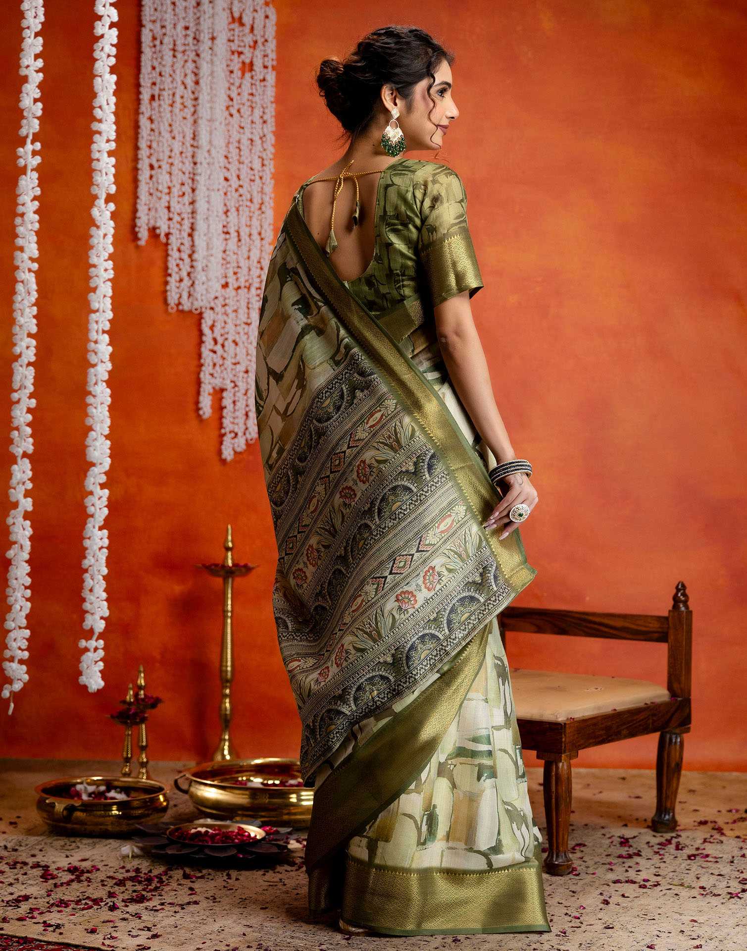 Beige Cotton Printed Woven Saree