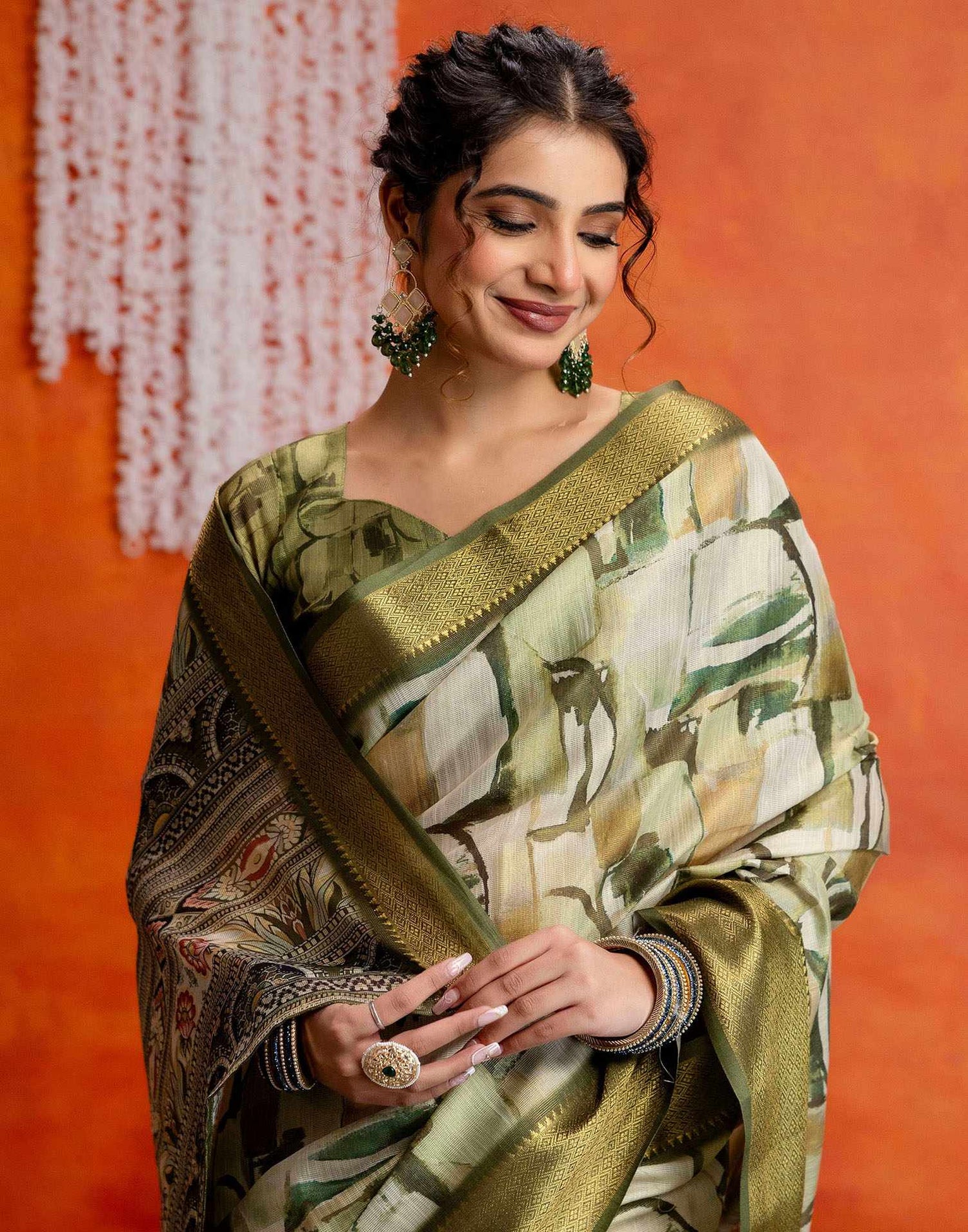 Beige Cotton Printed Woven Saree
