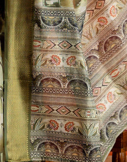 Beige Cotton Printed Woven Saree
