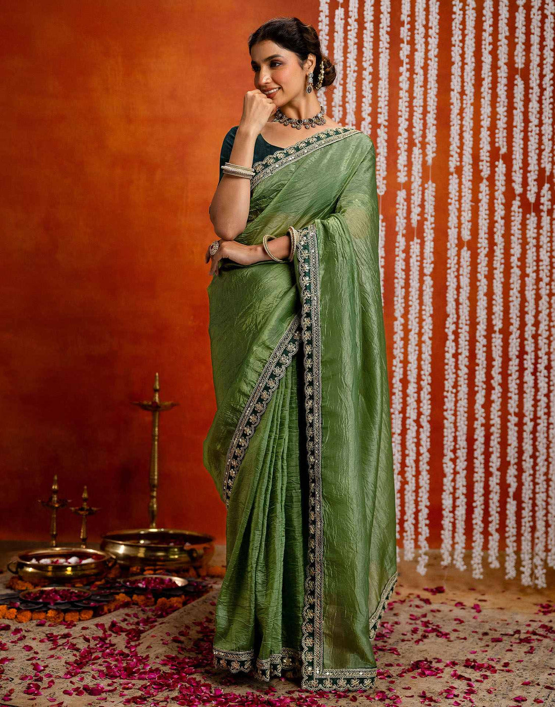 Olive Green Crush Tissue Sequence Lace Saree