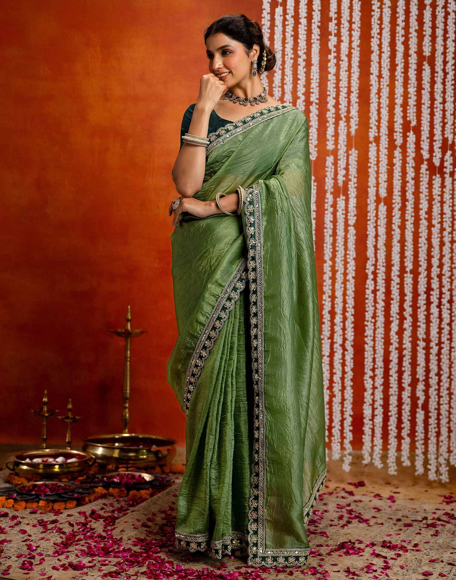Olive Green Crush Tissue Sequence Lace Saree