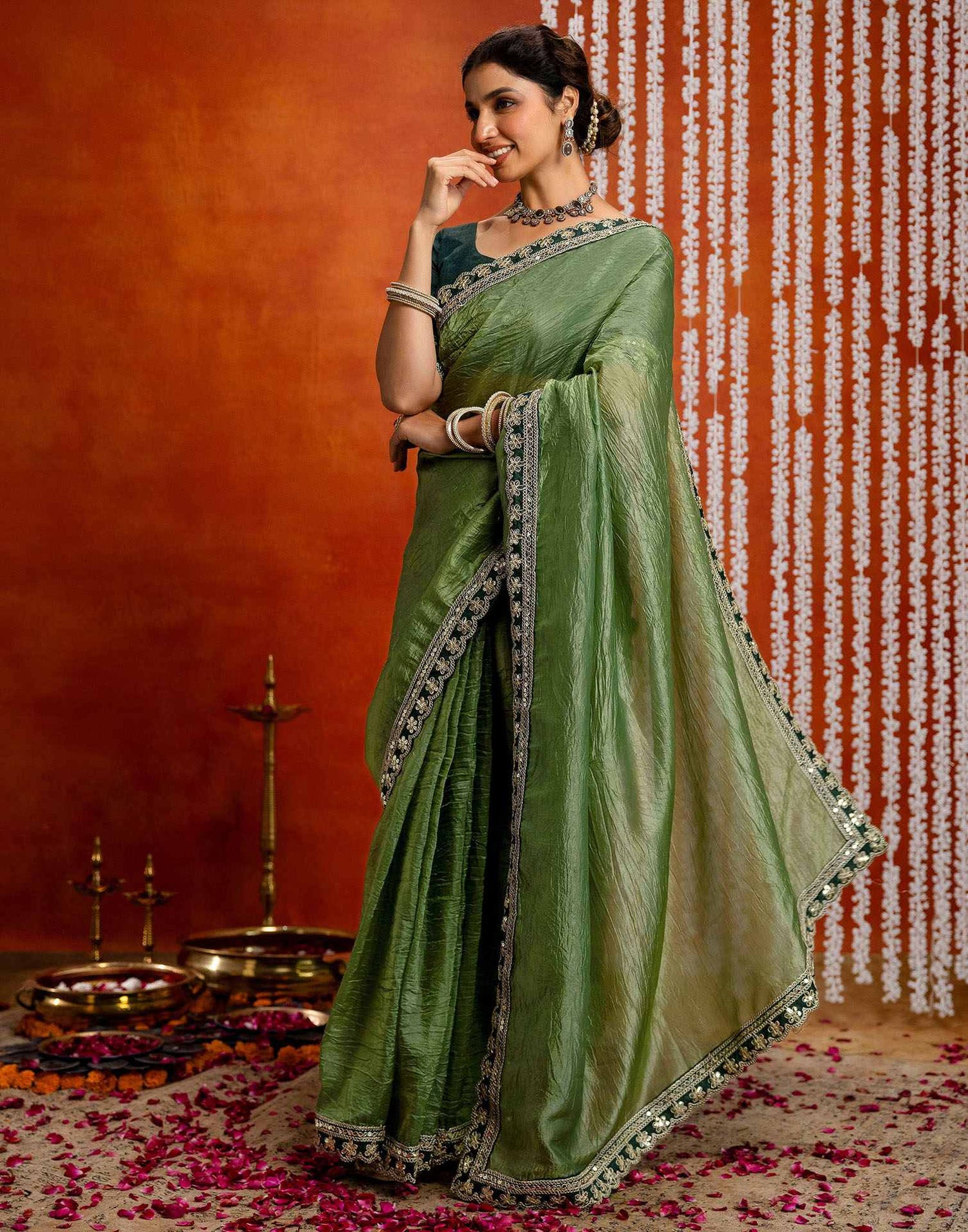 Olive Green Crush Tissue Sequence Lace Saree