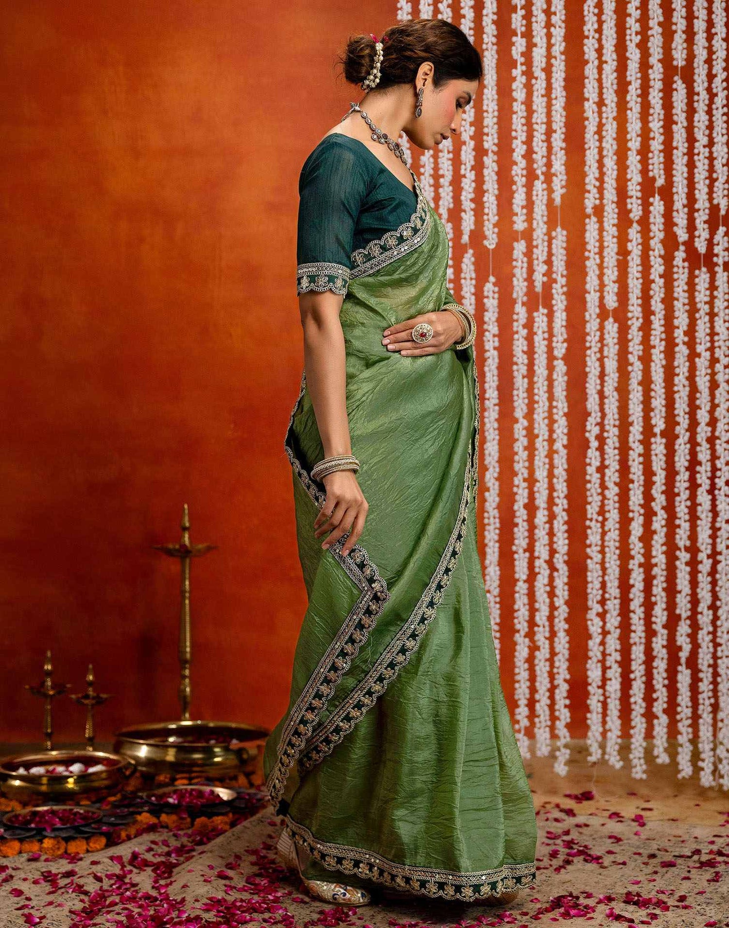 Olive Green Crush Tissue Sequence Lace Saree