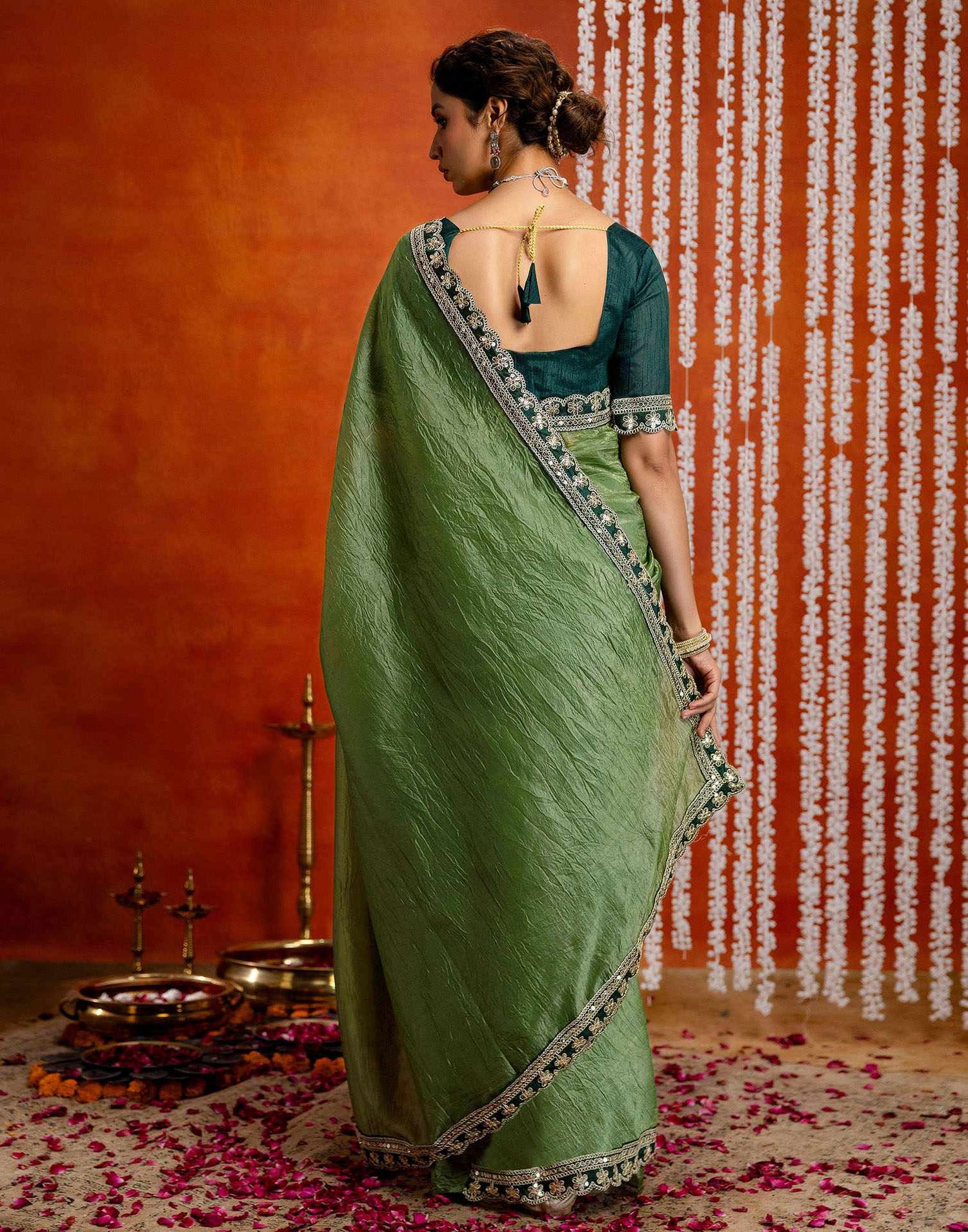Olive Green Crush Tissue Sequence Lace Saree