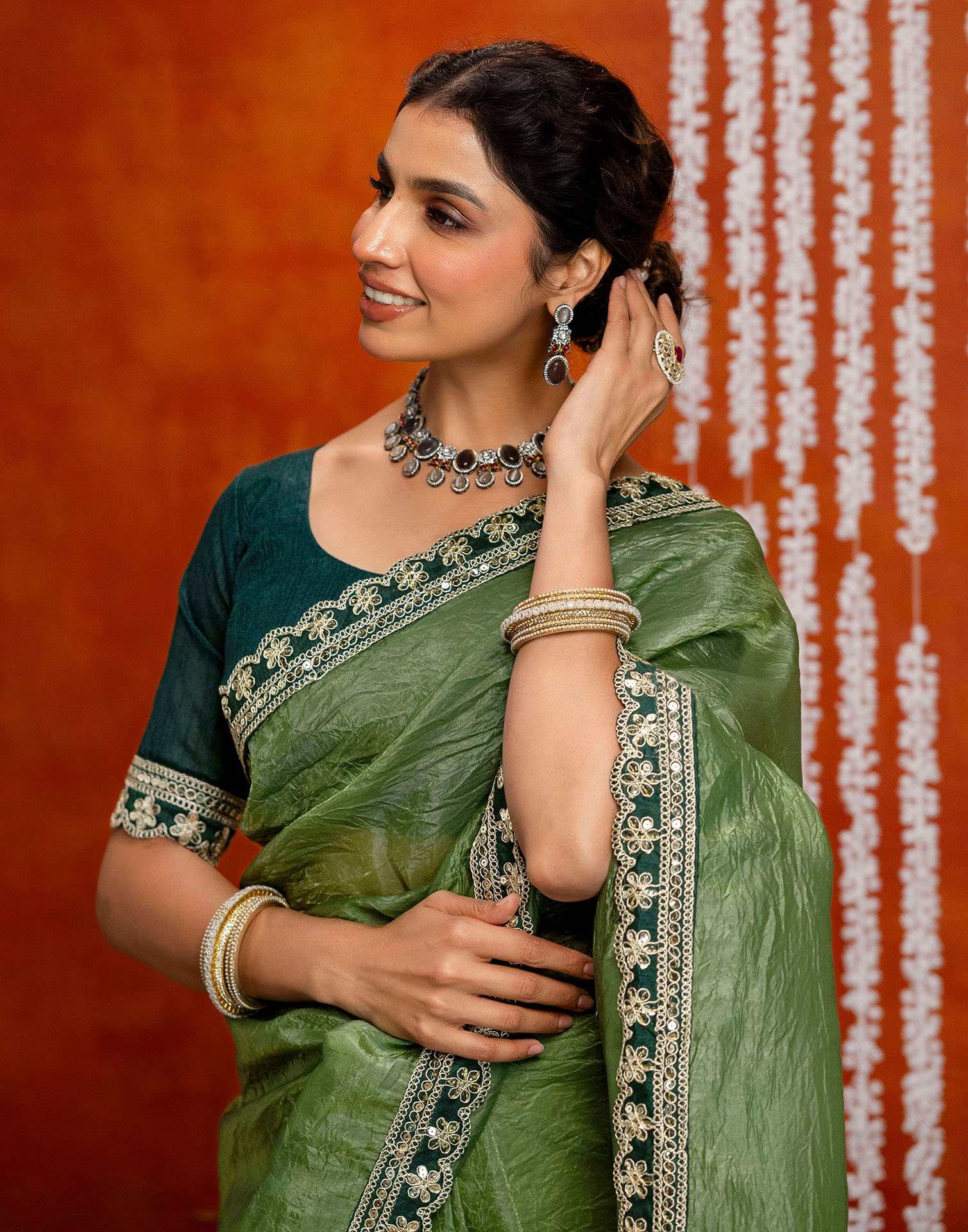 Olive Green Crush Tissue Sequence Lace Saree