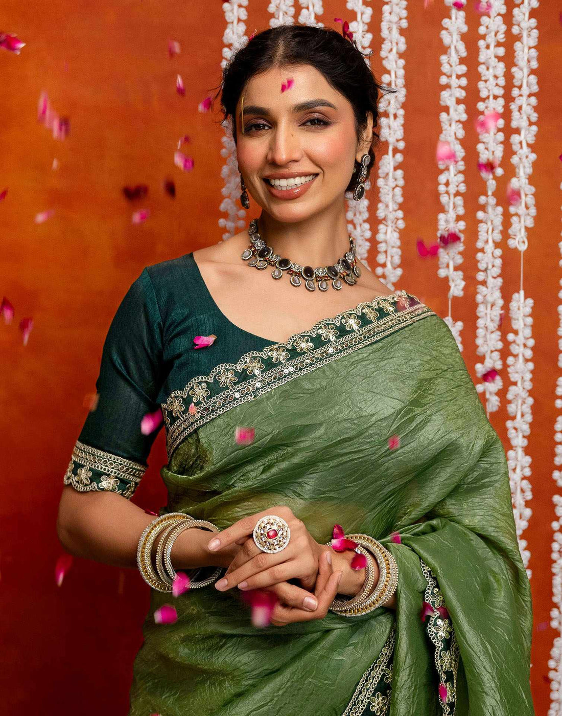 Olive Green Crush Tissue Sequence Lace Saree