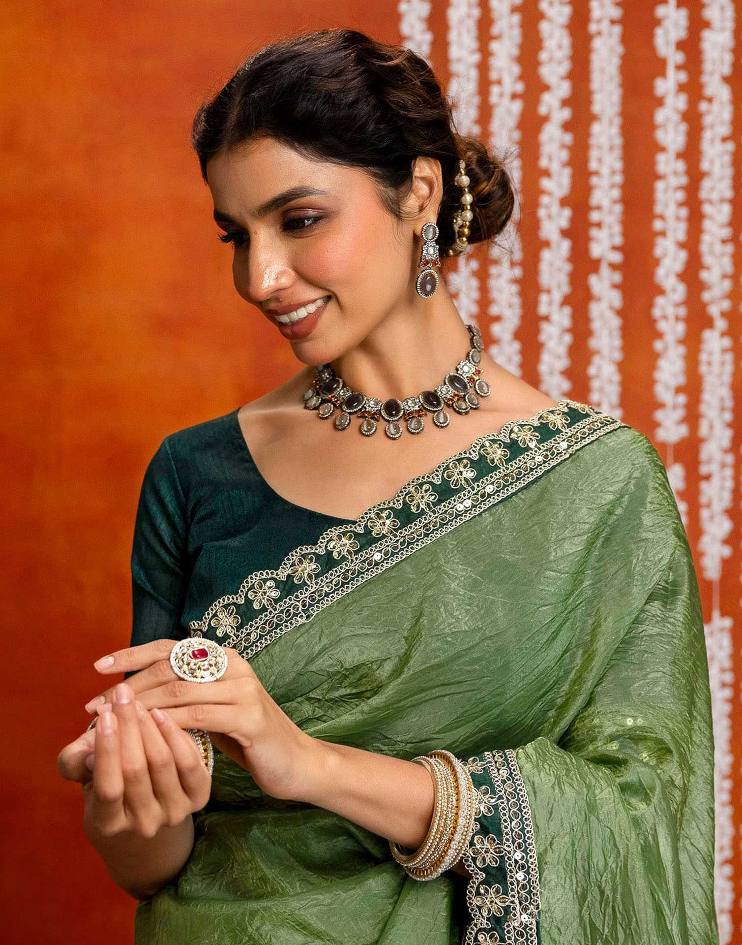 Olive Green Crush Tissue Sequence Lace Saree