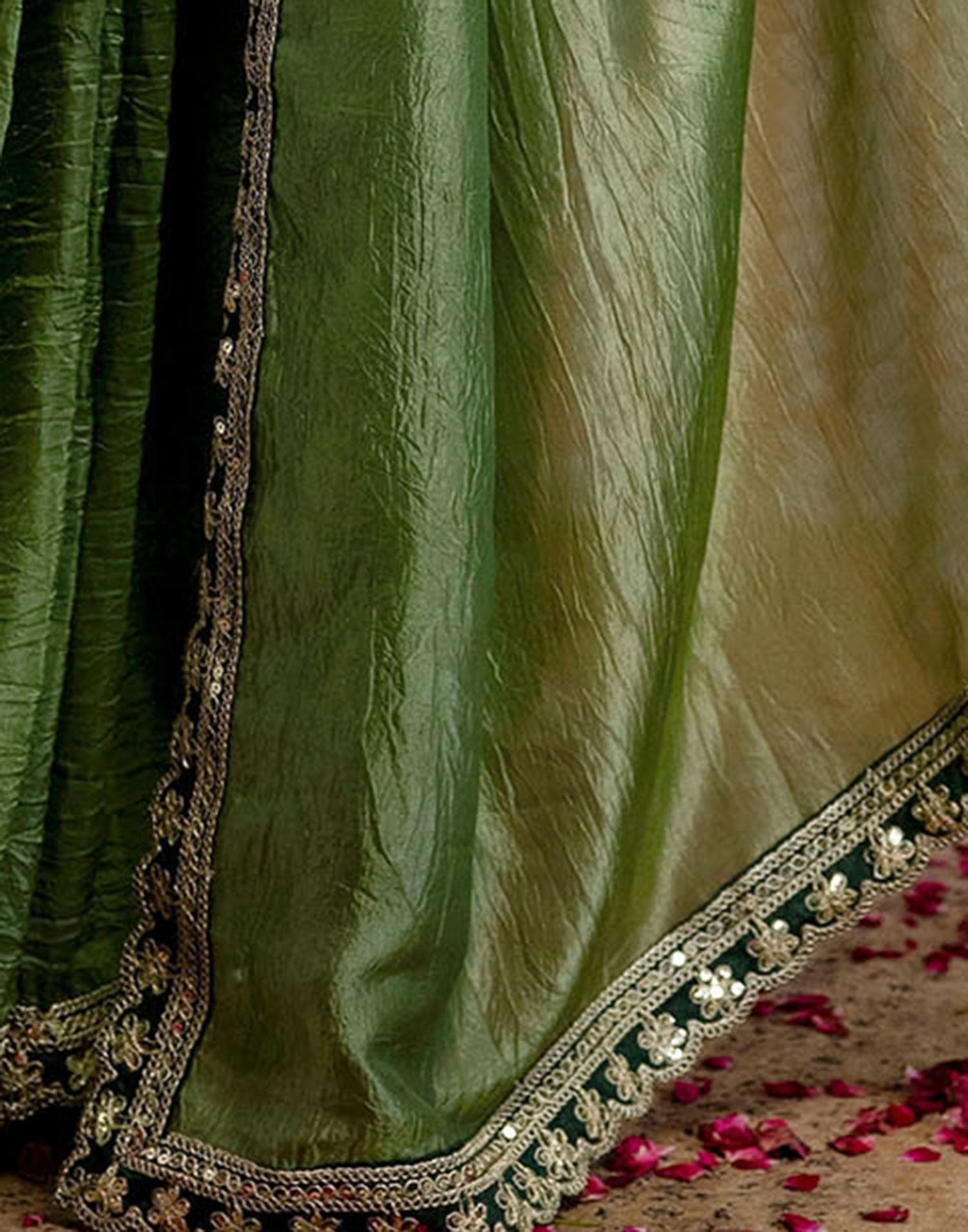 Olive Green Crush Tissue Sequence Lace Saree