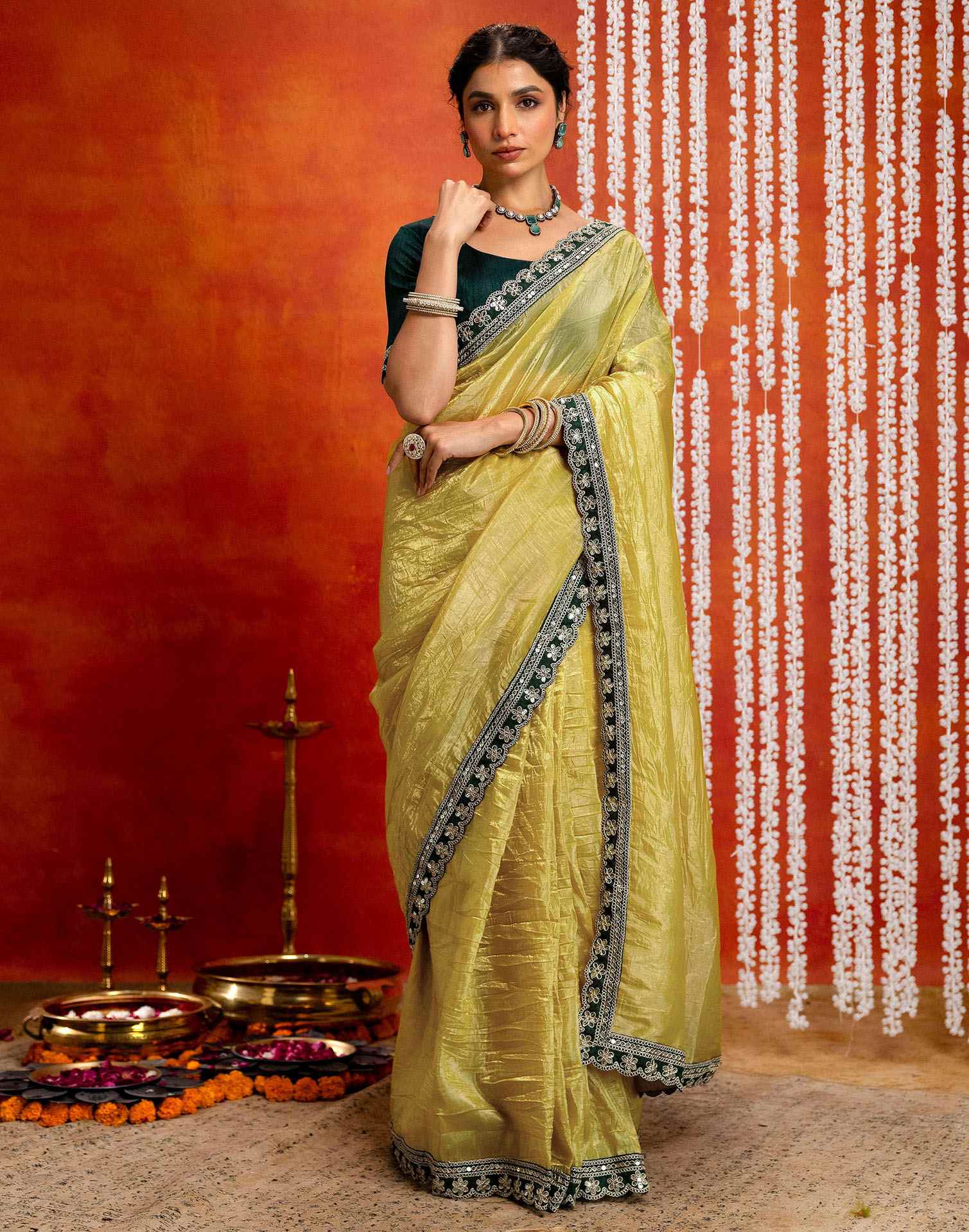 Yellow Crush Tissue Sequence Lace Saree