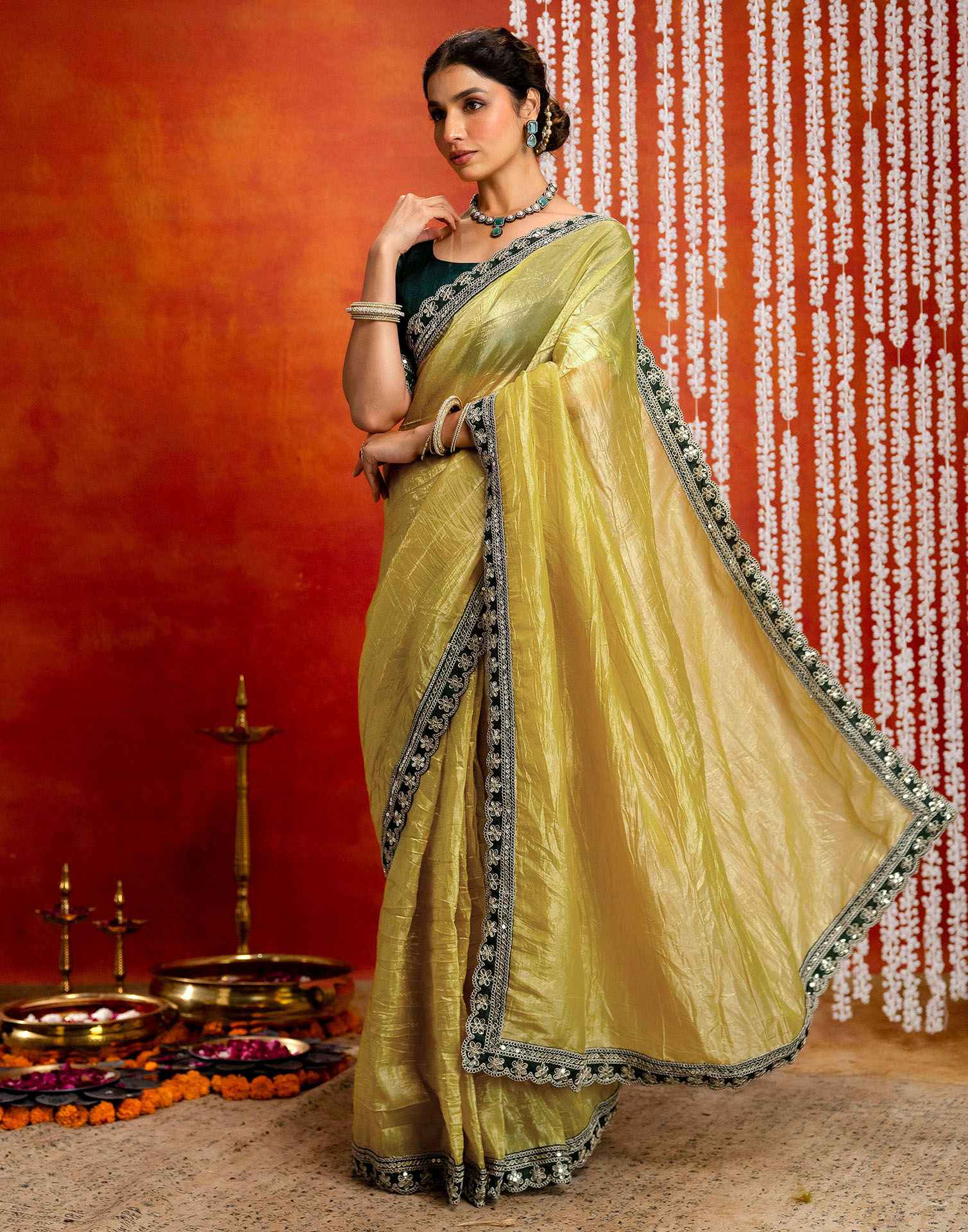 Yellow Crush Tissue Sequence Lace Saree