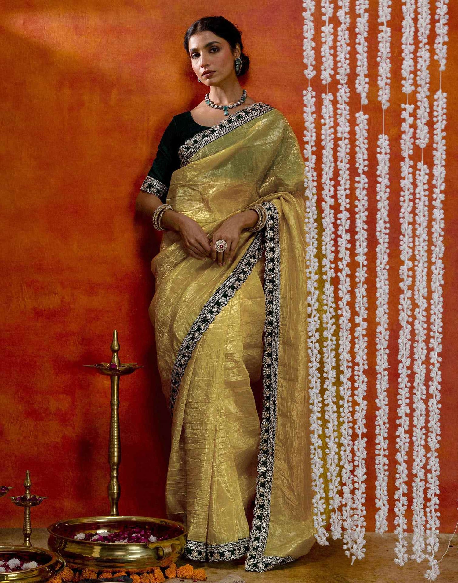 Yellow Crush Tissue Sequence Lace Saree