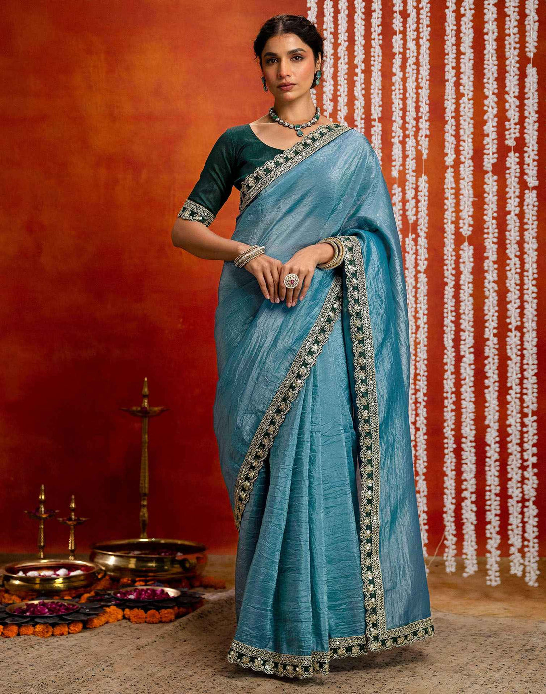 Teal Blue Crush Tissue Sequence Lace Saree
