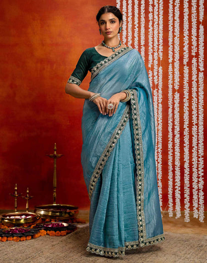 Teal Blue Crush Tissue Sequence Lace Saree