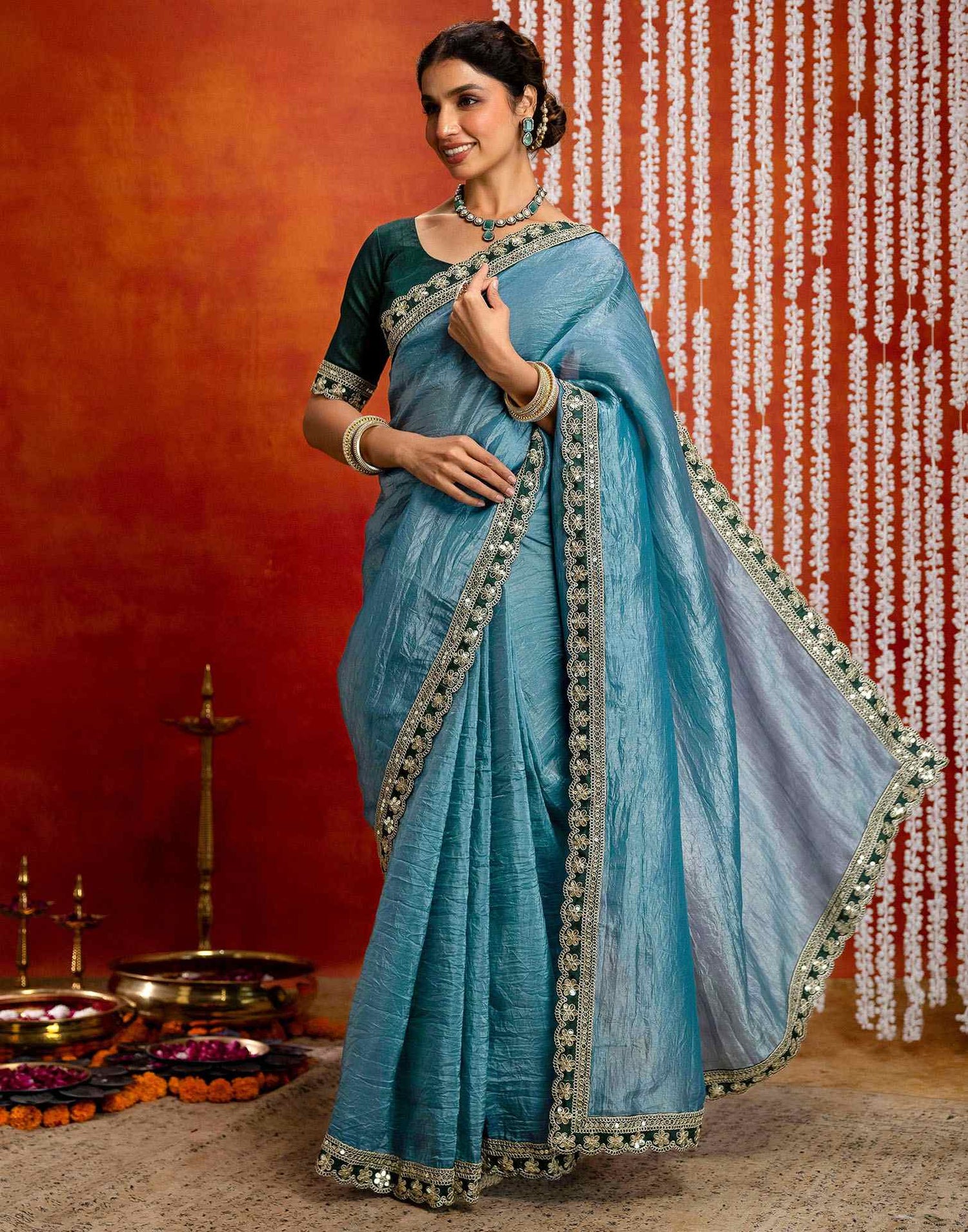 Teal Blue Crush Tissue Sequence Lace Saree