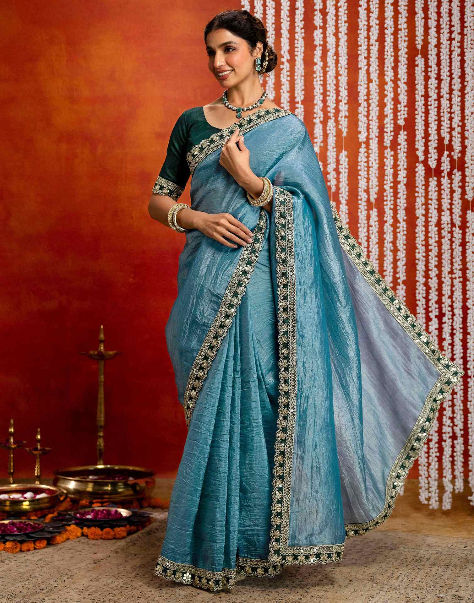 Teal Blue Crush Tissue Sequence Lace Saree