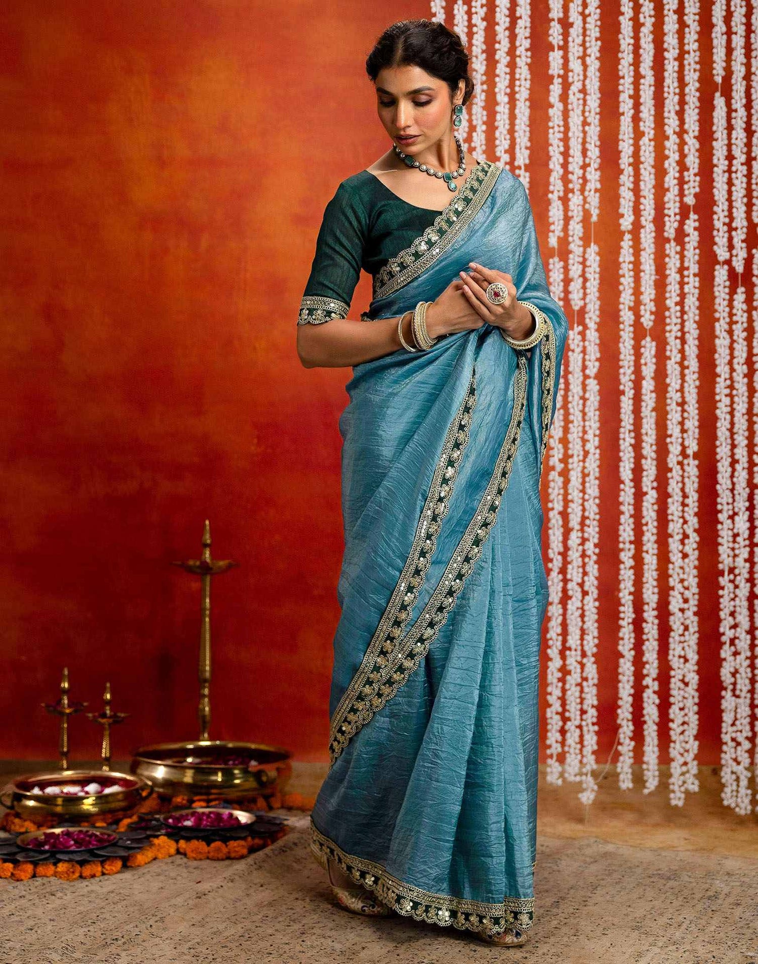 Teal Blue Crush Tissue Sequence Lace Saree