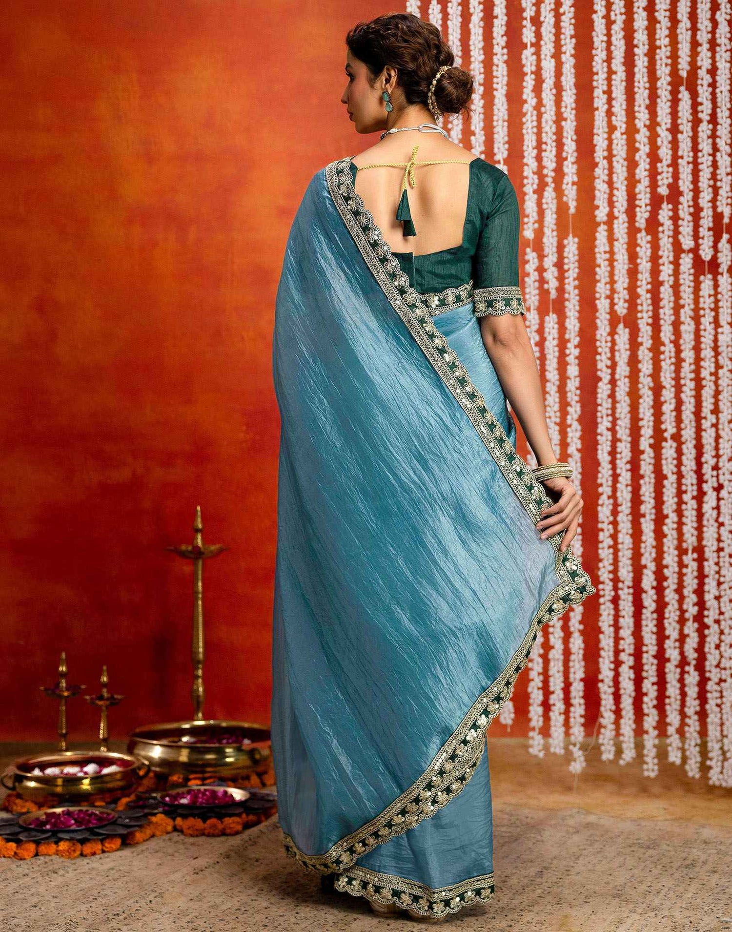 Teal Blue Crush Tissue Sequence Lace Saree